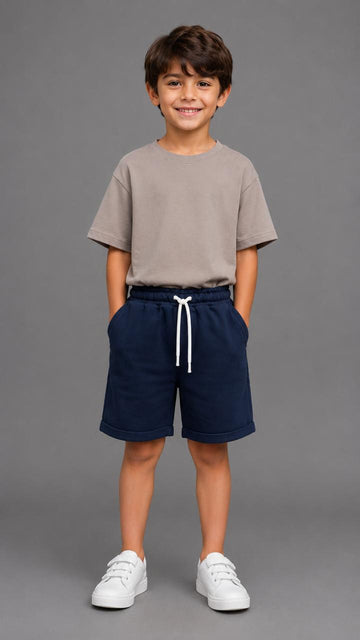Kids Navy Blue Cotton Sweat Shorts with Adjustable Drawstring Waist & Side Pockets