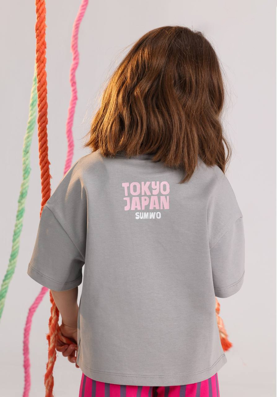 Girls Tokyo Japan Summer Set – Grey Oversized T-Shirt & Pink Striped Shorts
