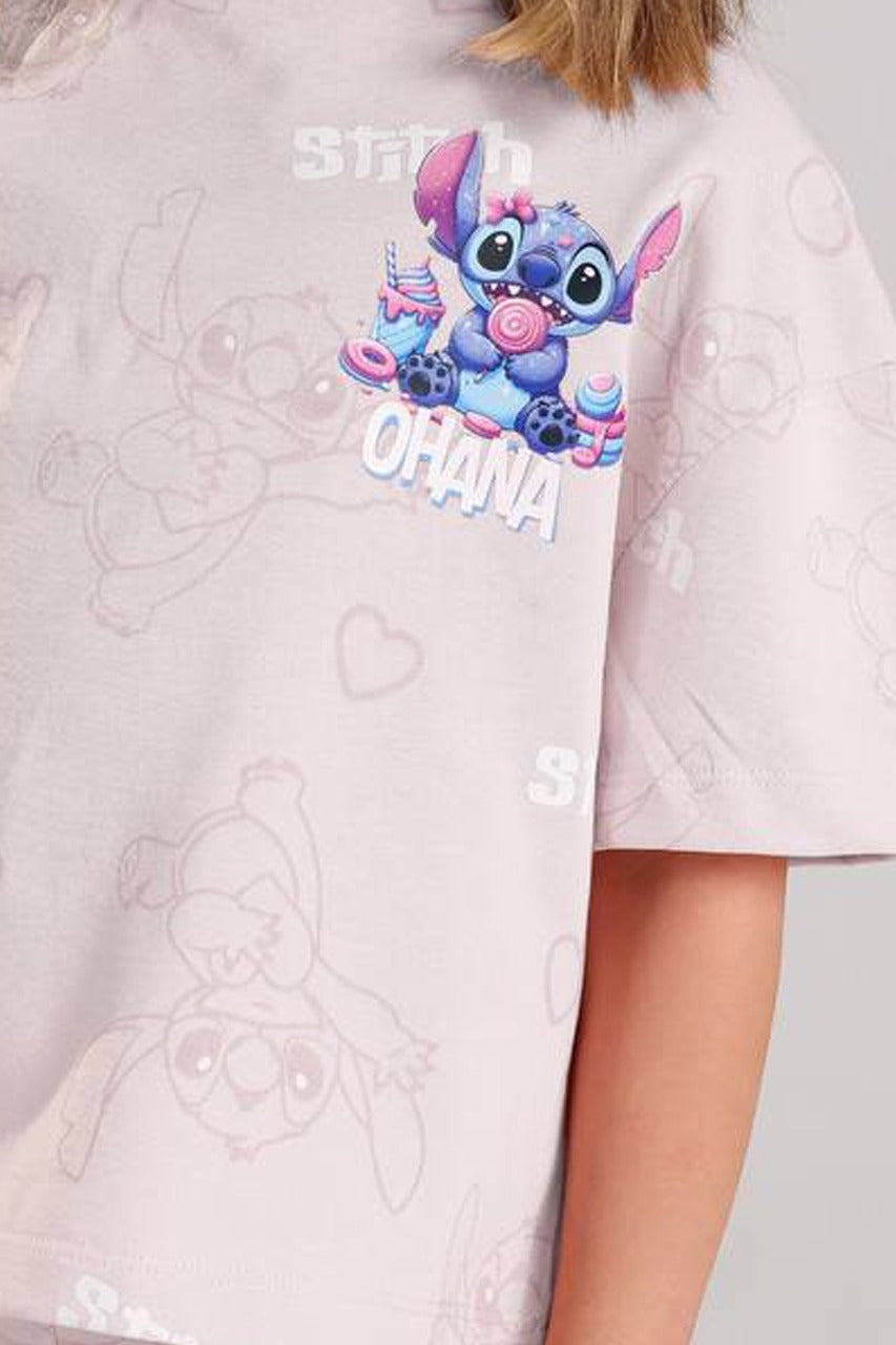 Girls Stitch Ohana Summer Set – Pink Oversized T-Shirt & Shorts