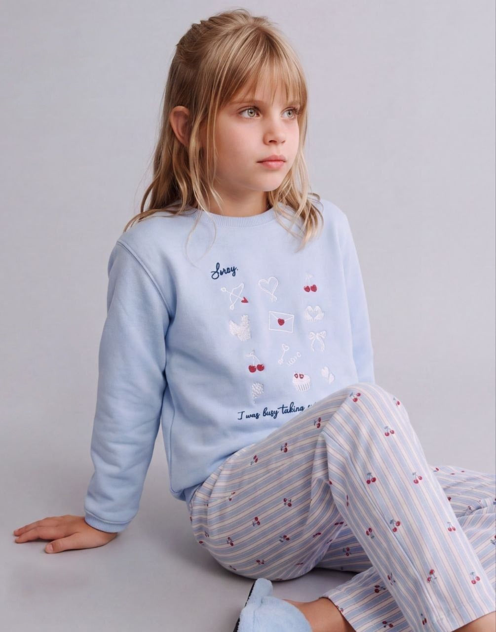 Girls’ Sweet Cherry Blue Sweatshirt & Printed Pants Set