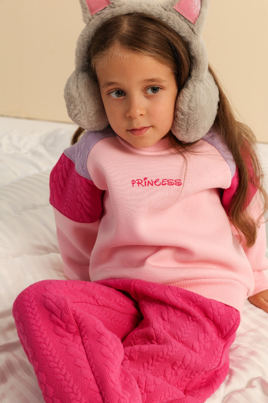 Girls’ Pink Princess Sweatshirt & Textured Wide-Leg Pants Set