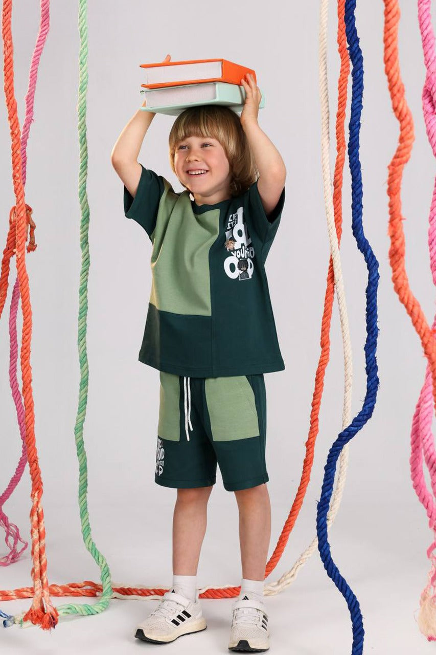 Boys Color Block Summer Set – Green Casual T-Shirt & Shorts Outfit
