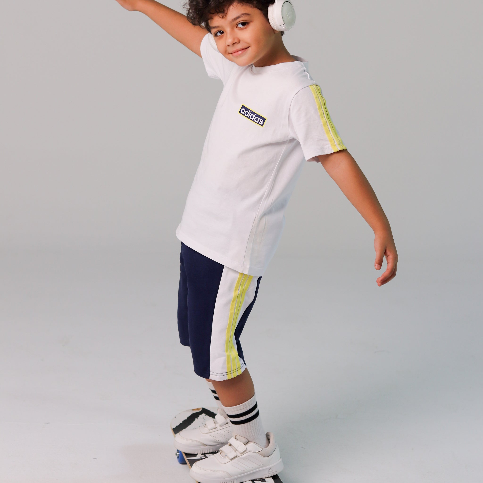 Adidas-Inspired Boys’ Summer Set – White Tee with Yellow Stripes & Navy Shorts