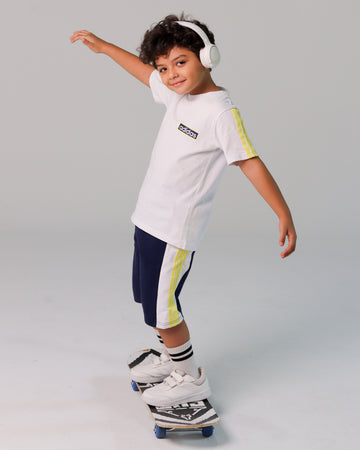 Adidas-Inspired Boys’ Summer Set – White Tee with Yellow Stripes & Navy Shorts