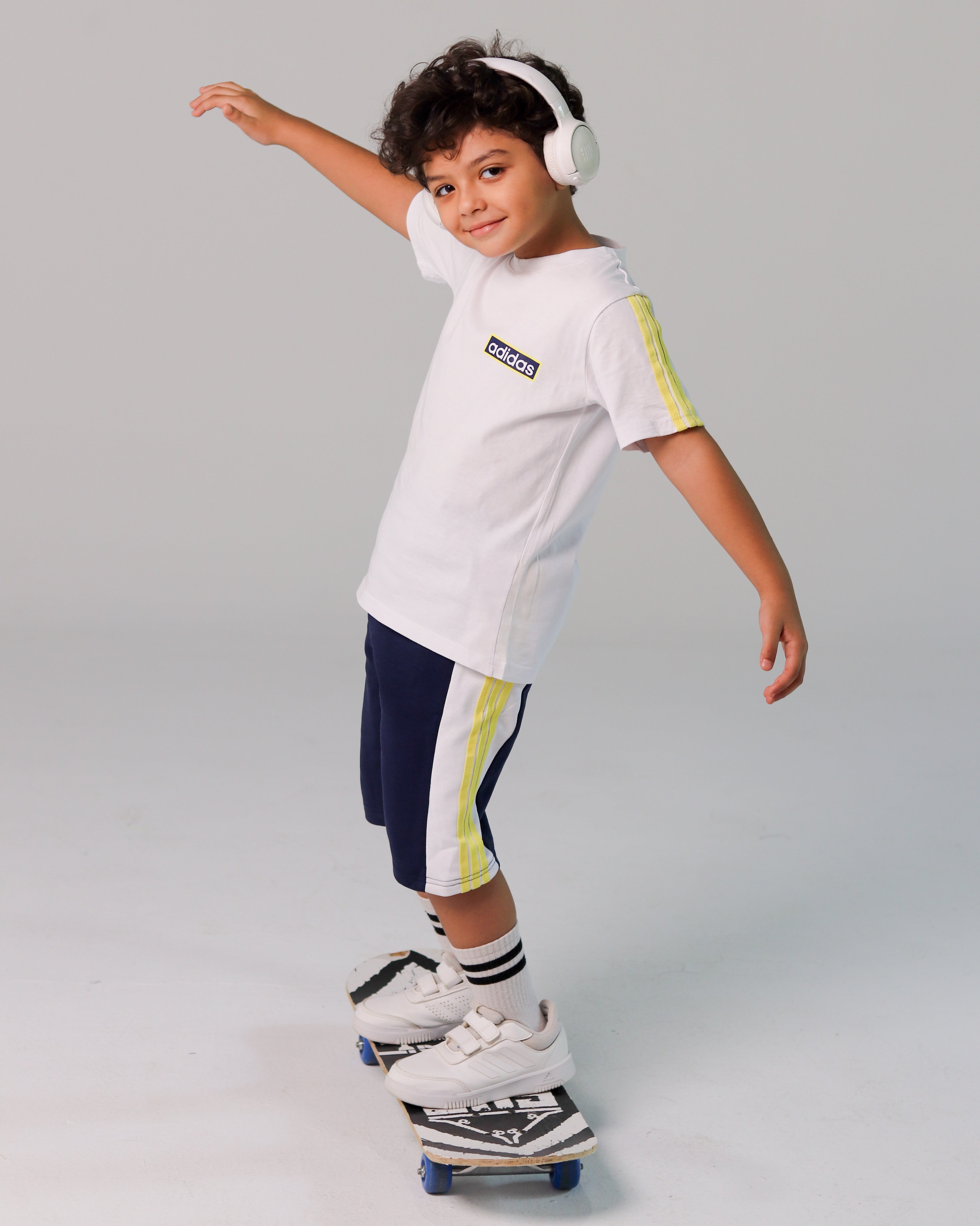 Adidas-Inspired Boys’ Summer Set – White Tee with Yellow Stripes & Navy Shorts