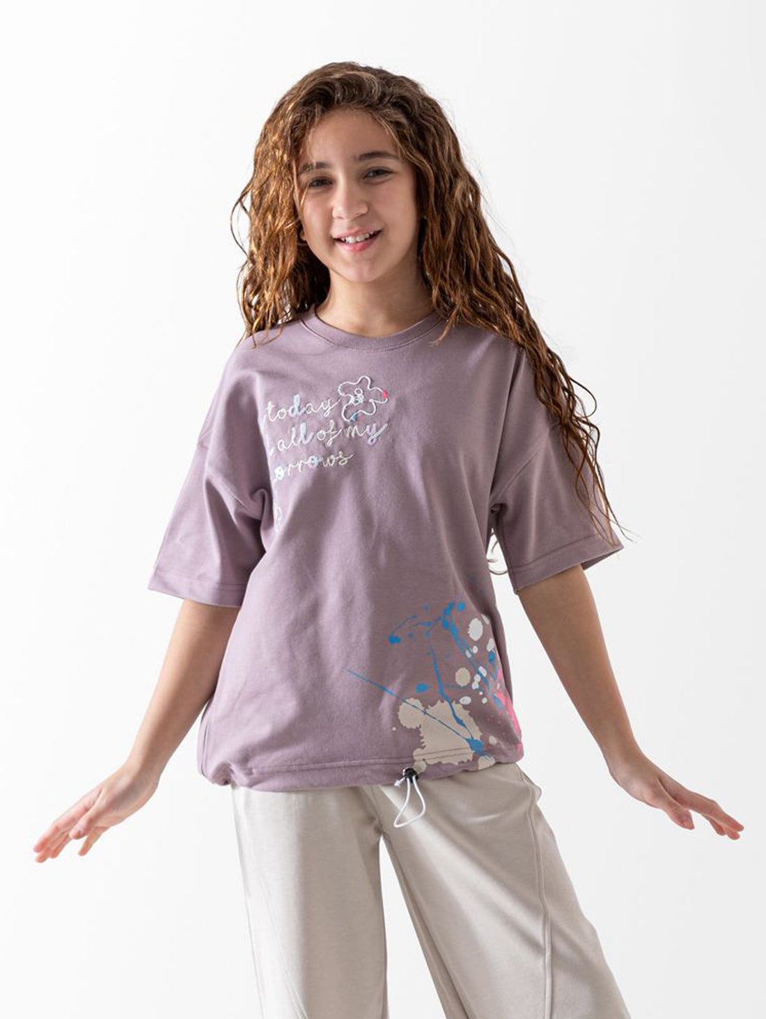 Girls artistic summer set mauve t-shirt and beige pants - Kikidoo Kids Egypt