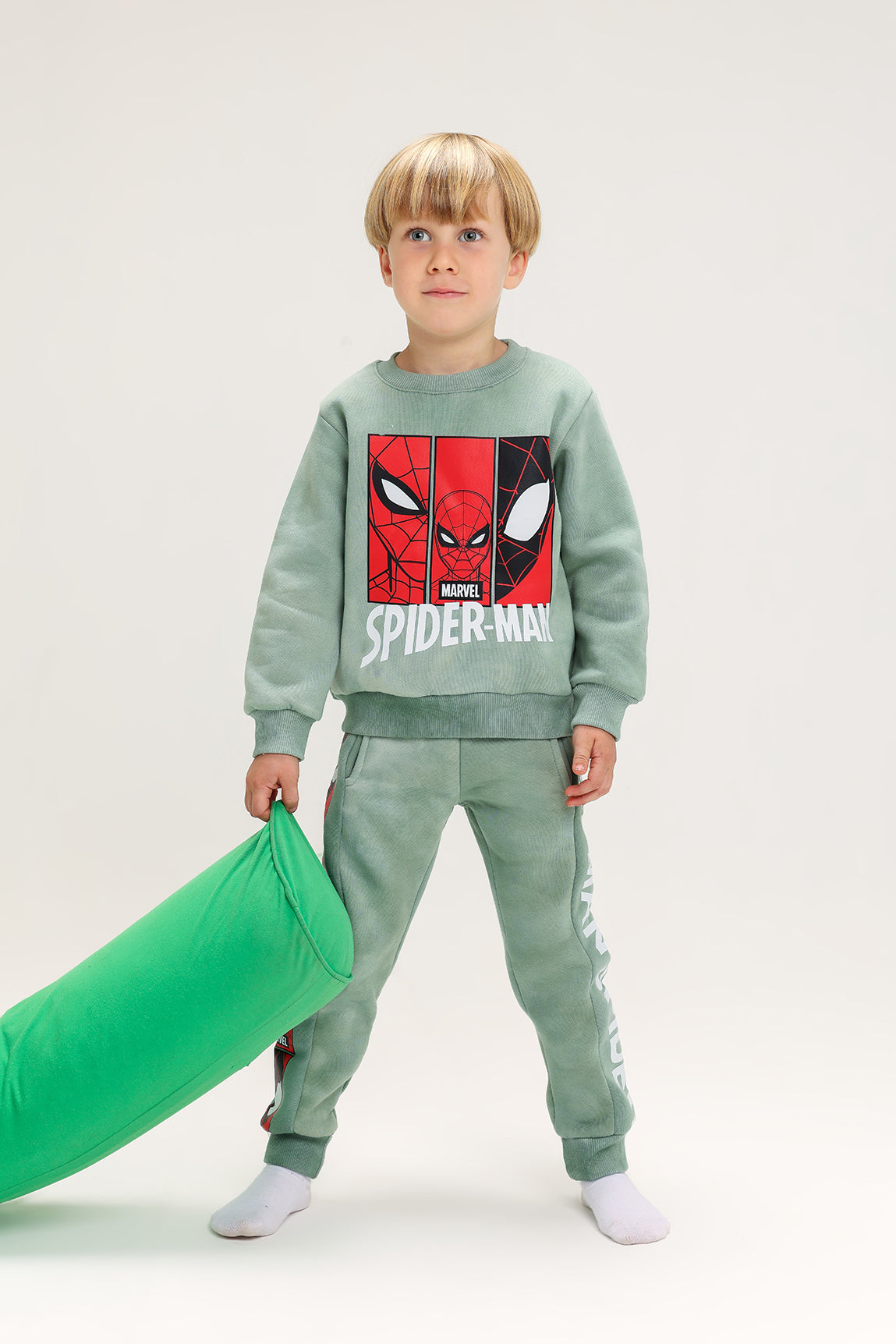 Boys’ Marvel Spider-Man Melton Cotton Tracksuit – 2-Piece Set (Light Olive Green)