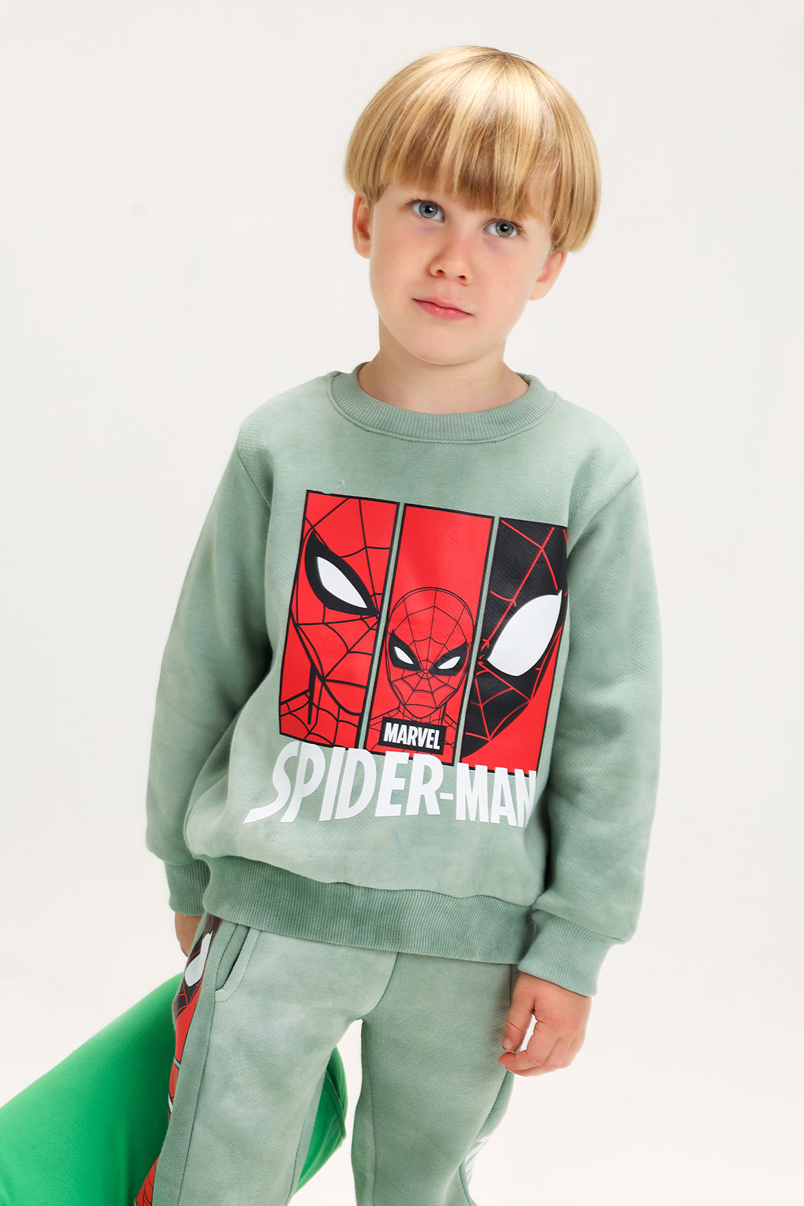Boys’ Marvel Spider-Man Melton Cotton Tracksuit – 2-Piece Set (Light Olive Green)