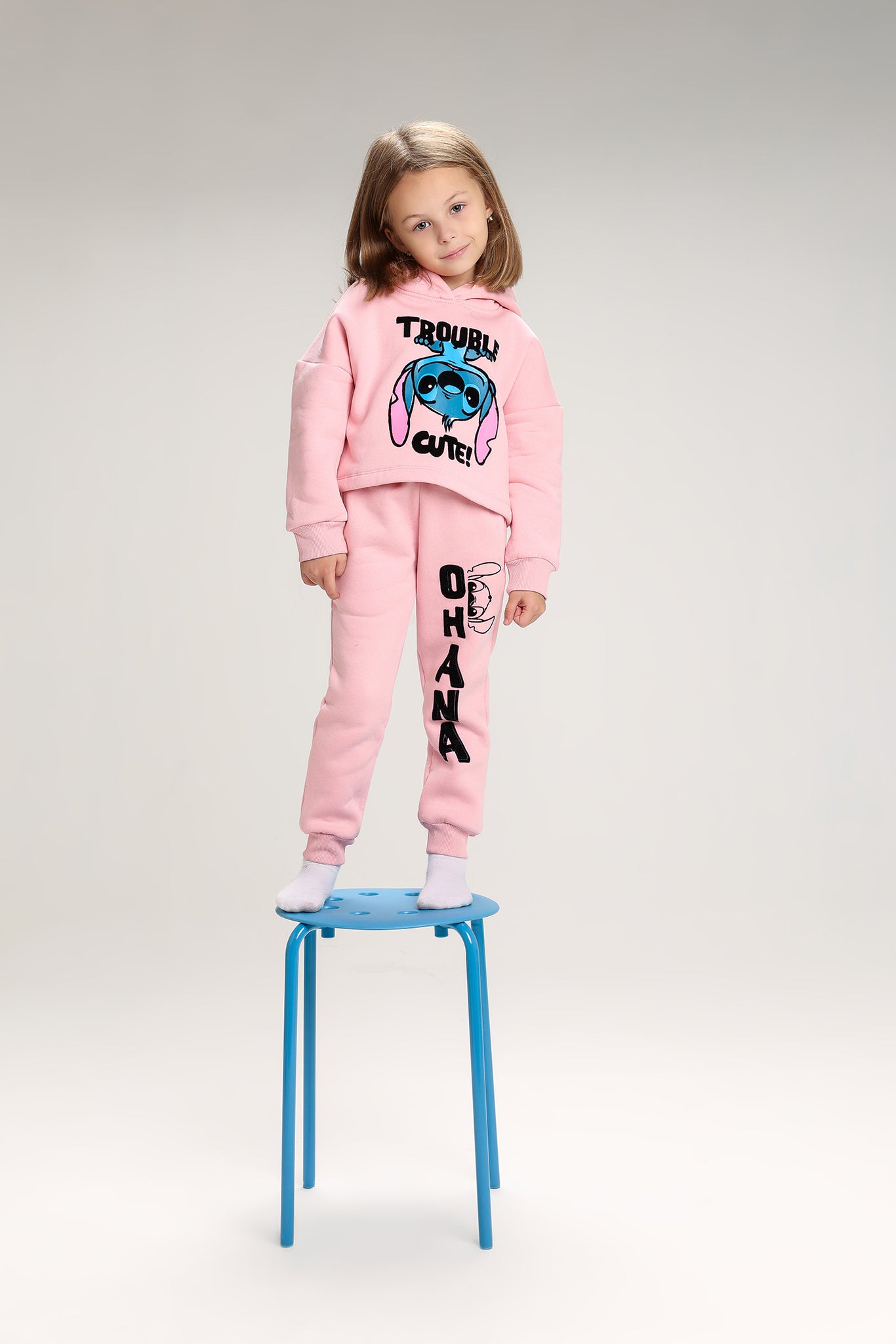Girls’ Stitch Melton Cotton Winter Tracksuit – 2-Piece Crop Hoodie & Jogger Pants Set (Light Pink)