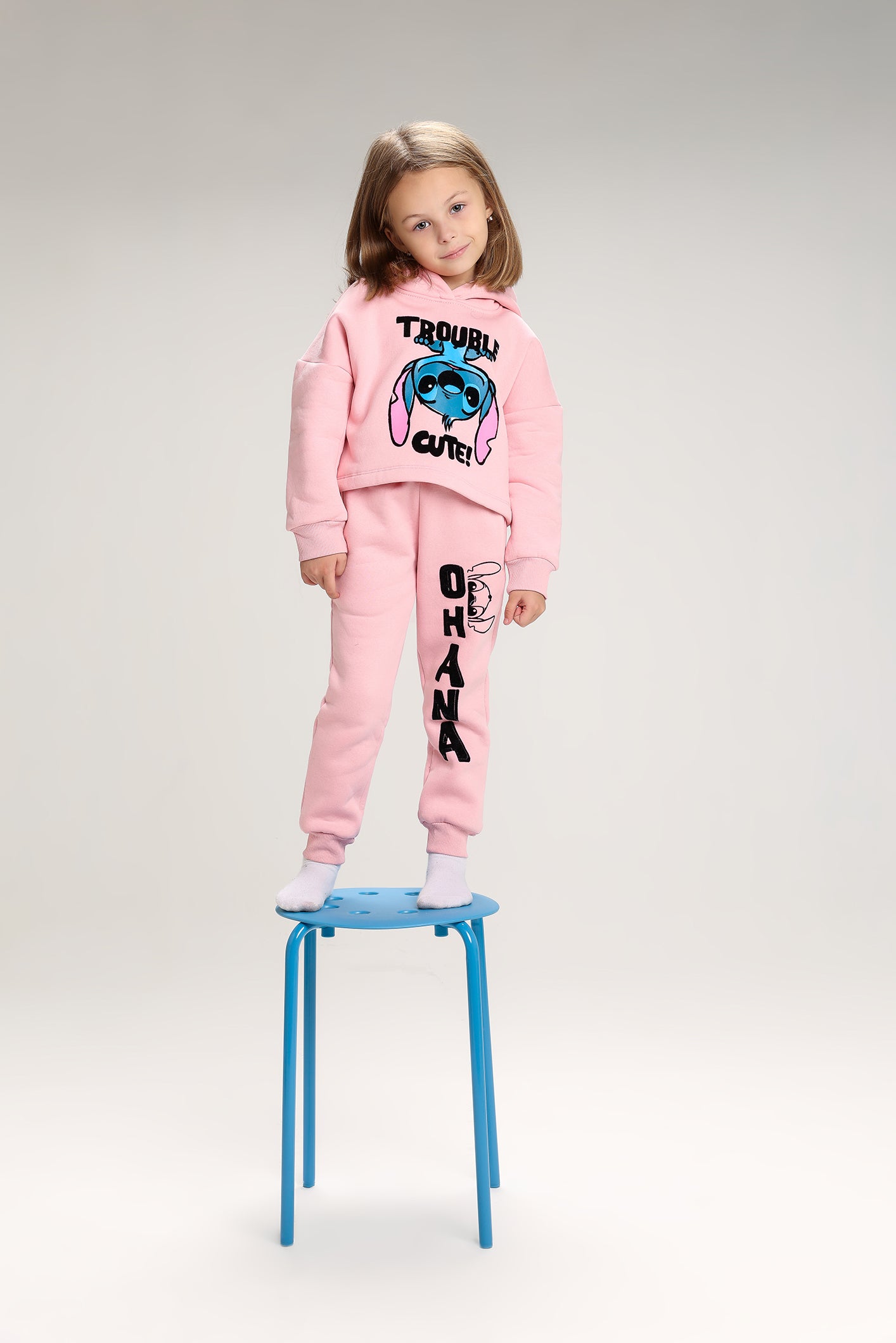 Girls’ Stitch Melton Cotton Winter Tracksuit – 2-Piece Crop Hoodie & Jogger Pants Set (Light Pink)