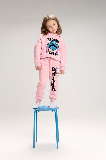 Girls’ Stitch Melton Cotton Winter Tracksuit – 2-Piece Crop Hoodie & Jogger Pants Set (Light Pink)