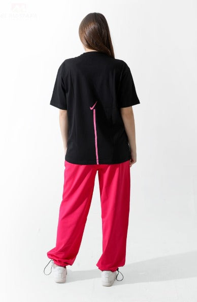 Girls Black Graphic Oversized T-Shirt with Pink Logo & Red Jogger Pants Set