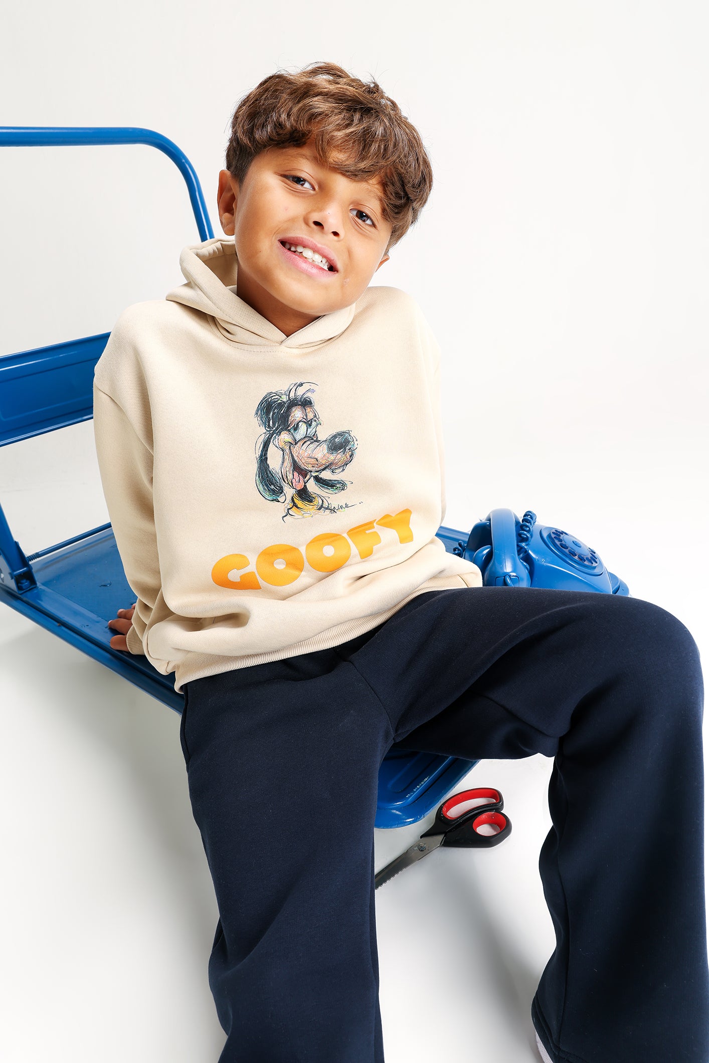 Boys’ Beige & Navy Melton Cotton Winter Tracksuit – Goofy Printed Hoodie & Pants Set