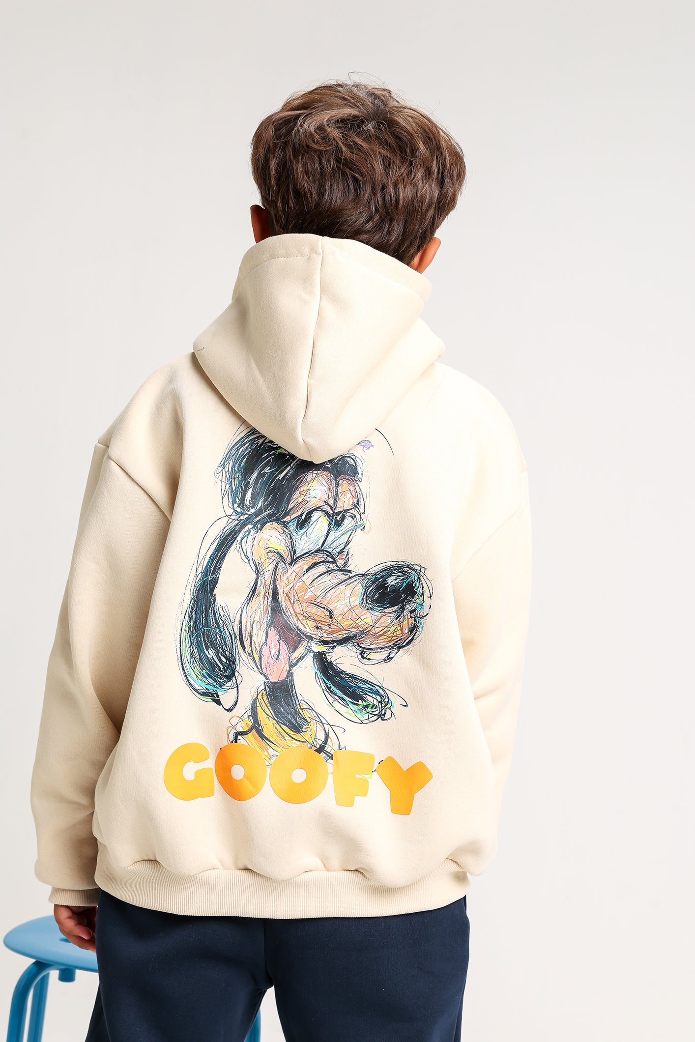 Boys’ Beige & Navy Melton Cotton Winter Tracksuit – Goofy Printed Hoodie & Pants Set