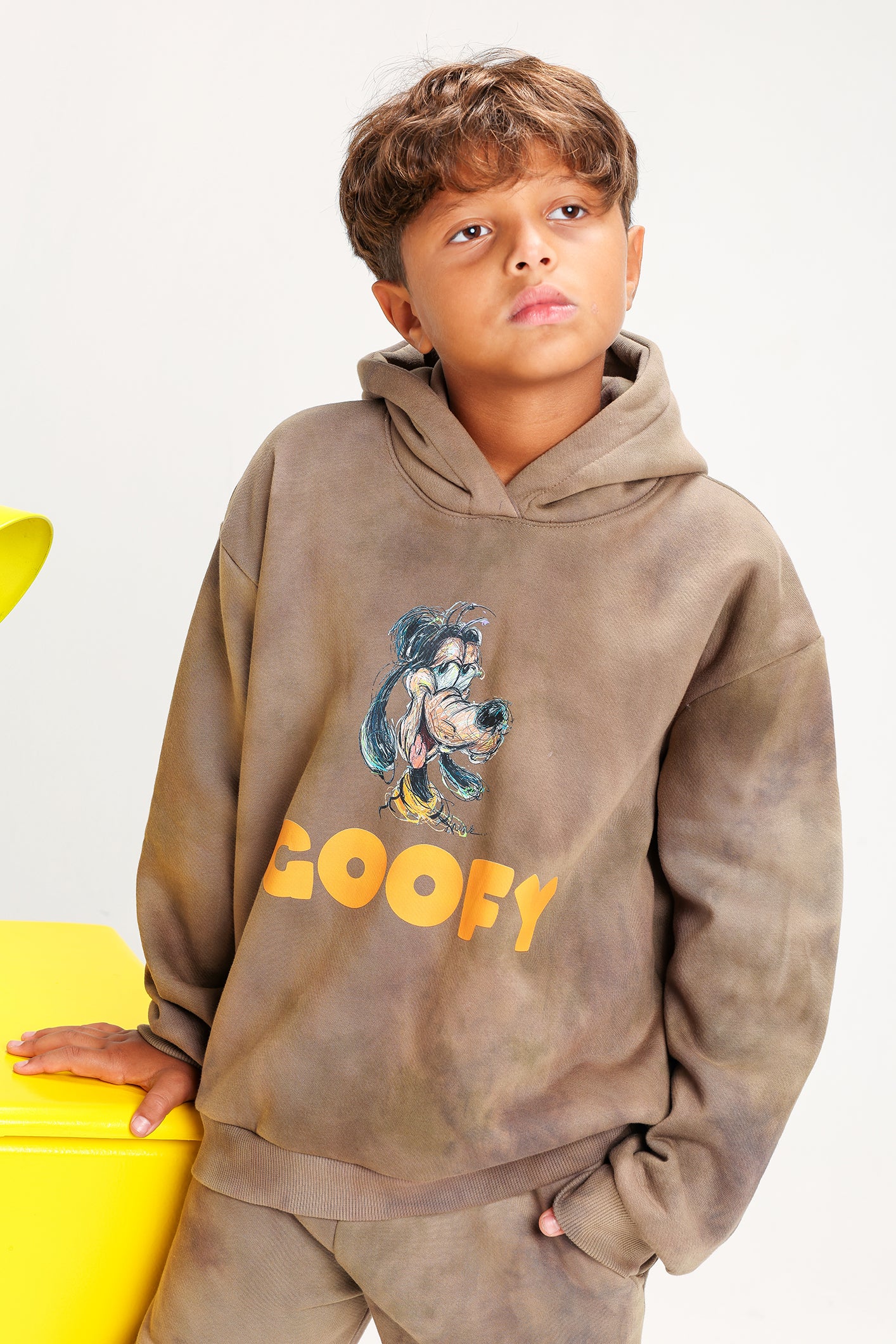 Boys’ Brown Tie-Dye Melton Cotton Winter Tracksuit – Goofy Printed Hoodie & Pants Set