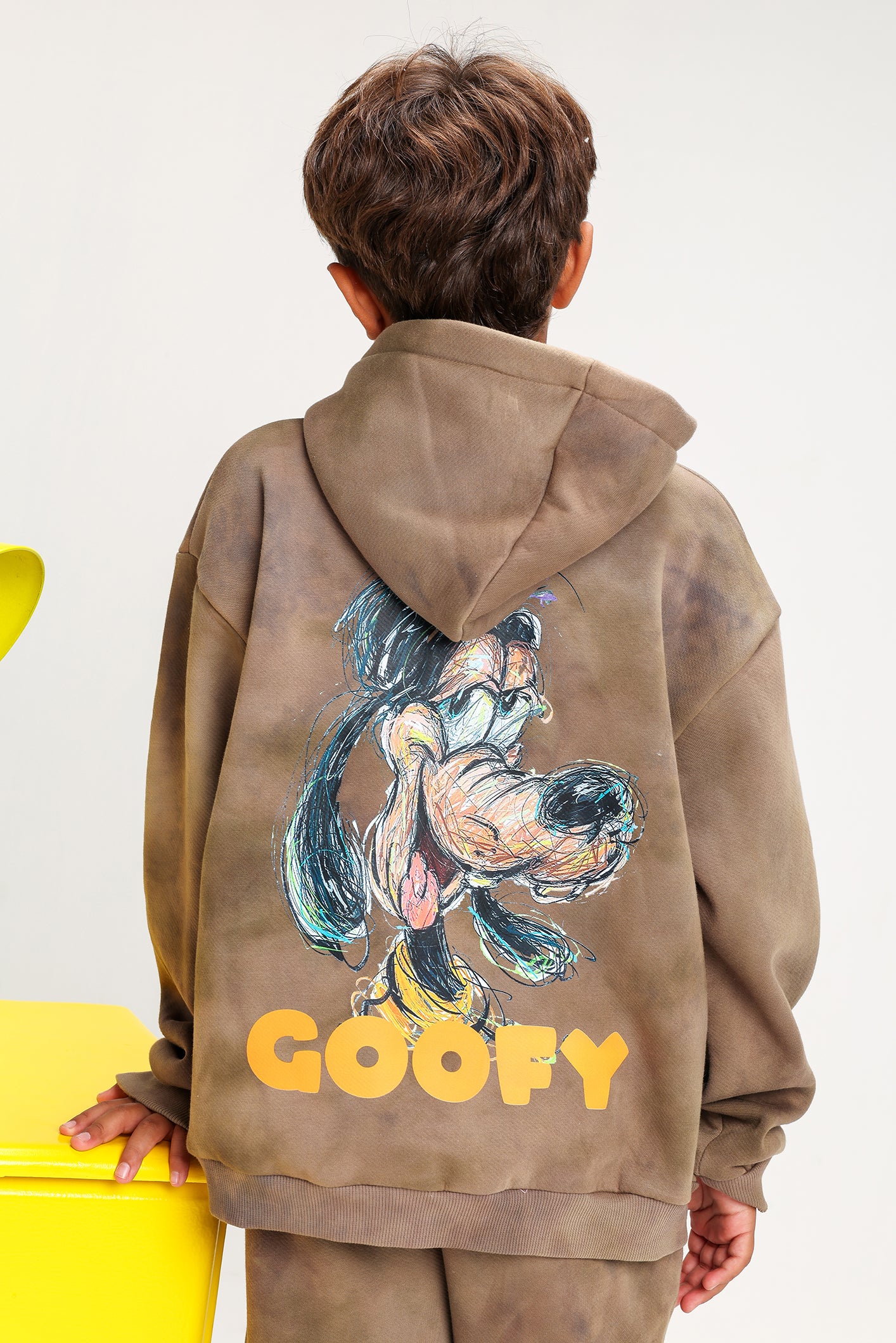 Boys’ Brown Tie-Dye Melton Cotton Winter Tracksuit – Goofy Printed Hoodie & Pants Set