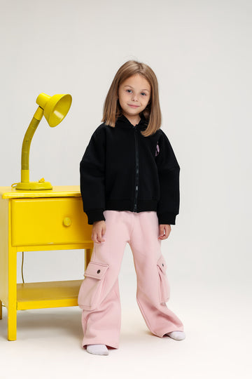 Girls’ Melton Cotton Winter Tracksuit – 2-Piece Zip Jacket & Cargo Pants Set (Black & Light Pink)
