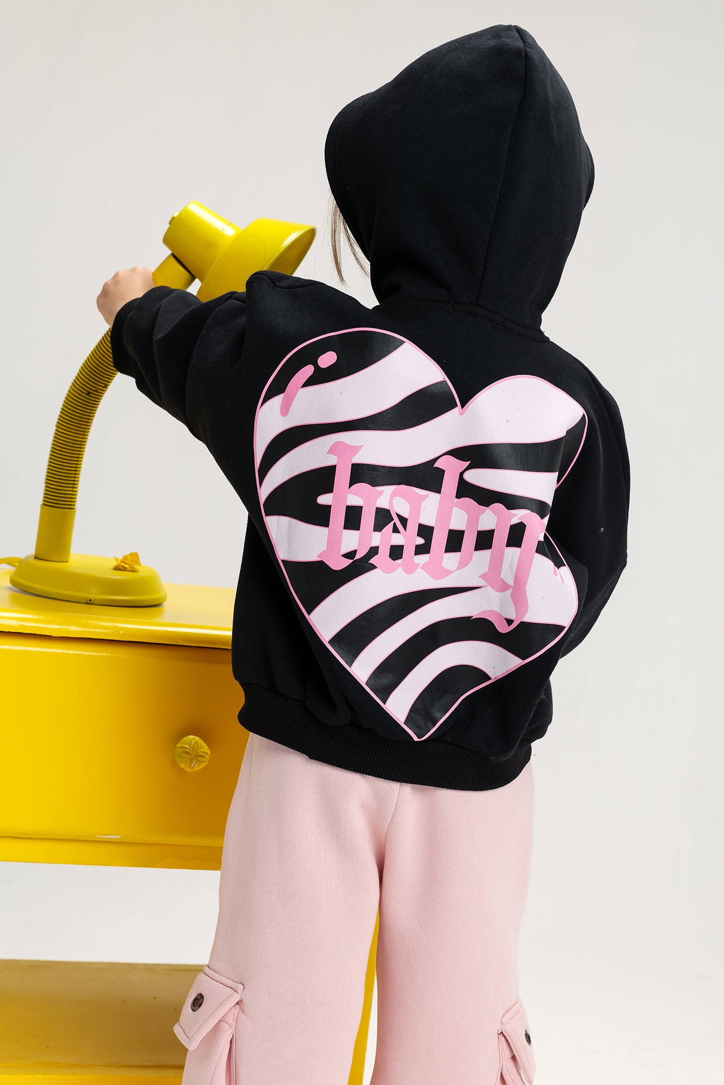 Girls’ Melton Cotton Winter Tracksuit – 2-Piece Zip Jacket & Cargo Pants Set (Black & Light Pink)