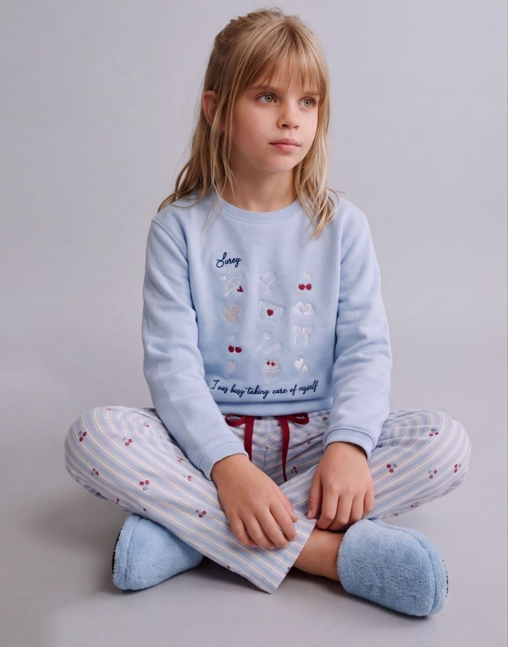 Girls’ Sweet Cherry Blue Sweatshirt & Printed Pants Set