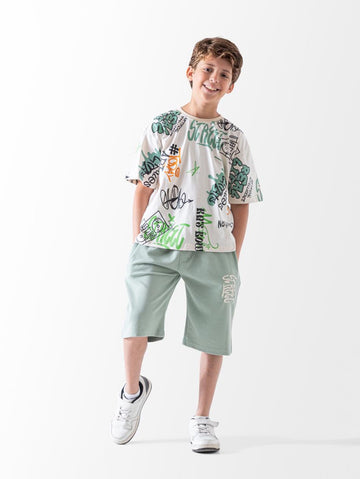 Boys Graffiti Print Summer Set – Oversized T-Shirt & Mint Shorts