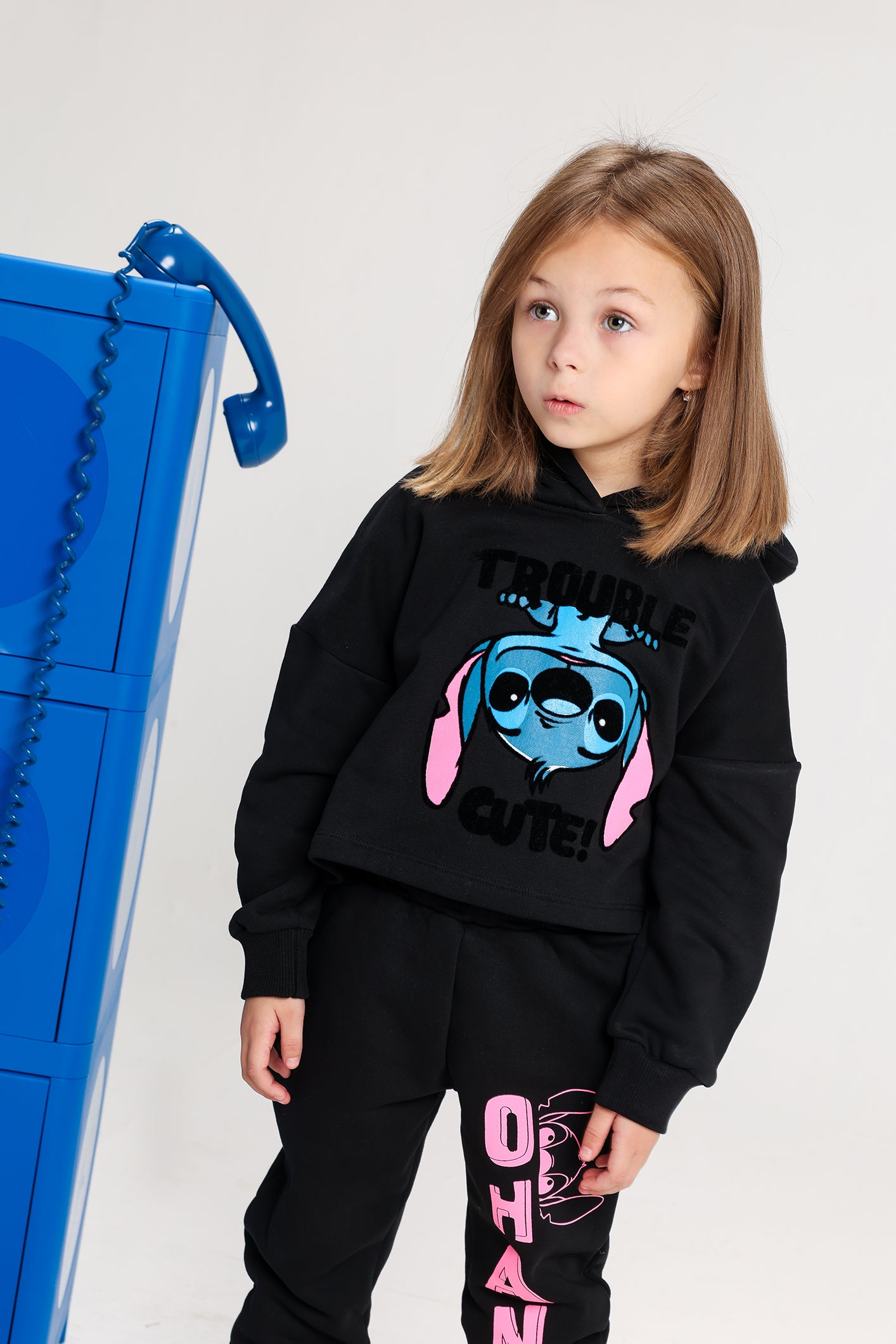 Girls’ Stitch Melton Cotton Winter Tracksuit – 2-Piece Hoodie & Jogger Pants Set (Black with Pink Details)