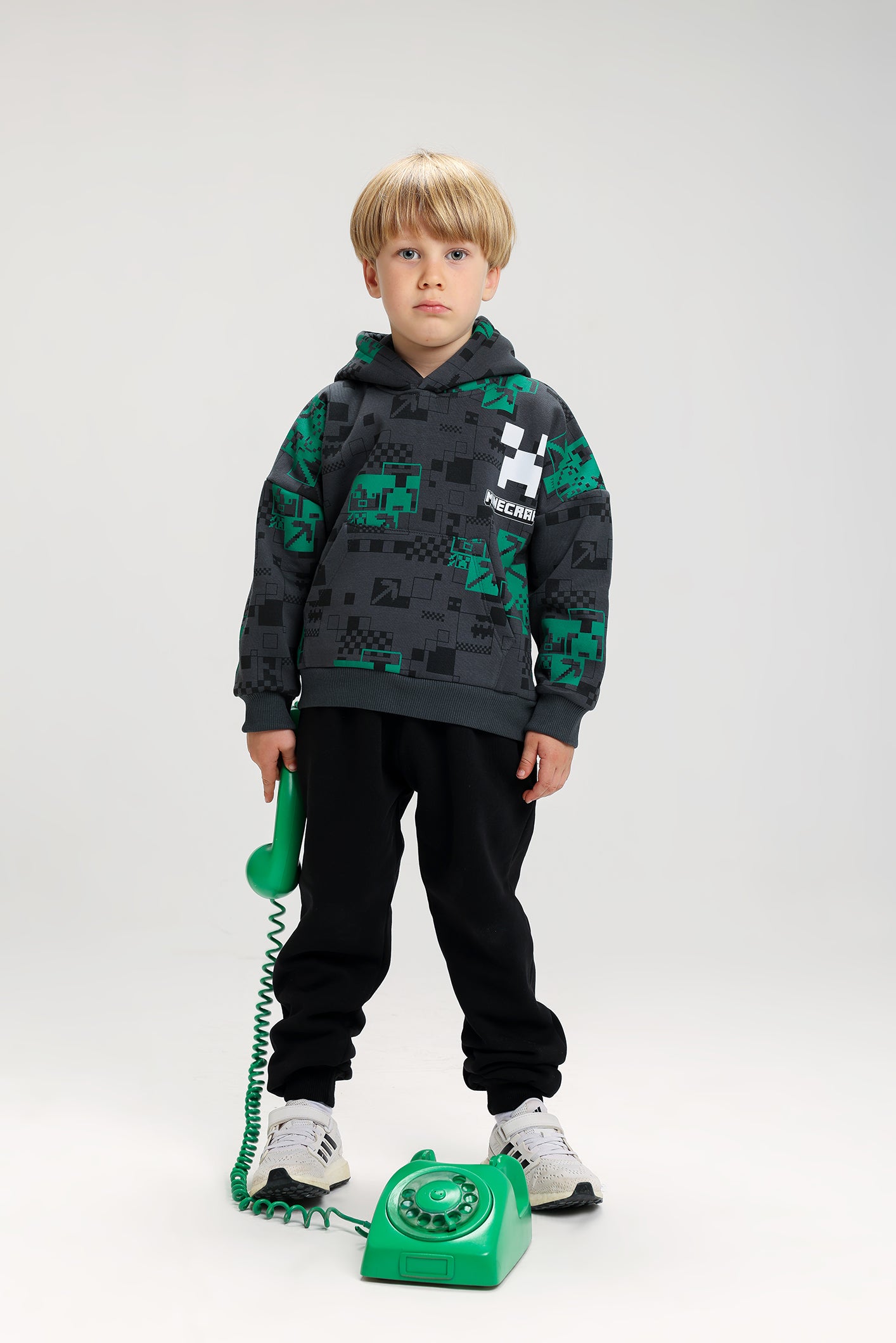 Boys’ Minecraft Melton Cotton Winter Tracksuit – Printed Hoodie & Pants Set (Dark Grey & Green)