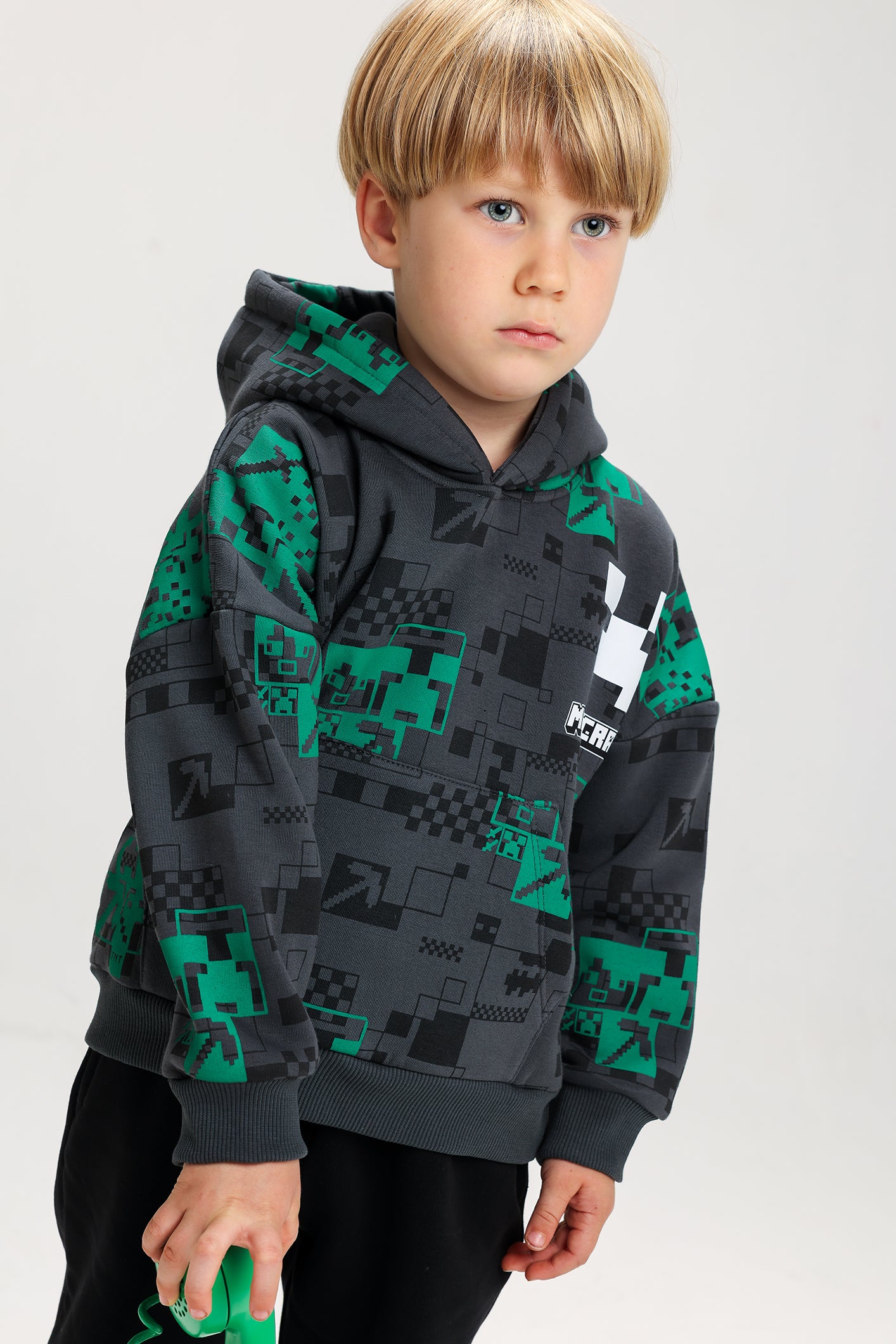 Boys’ Minecraft Melton Cotton Winter Tracksuit – Printed Hoodie & Pants Set (Dark Grey & Green)