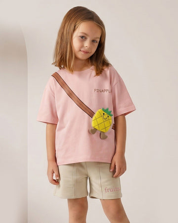Cute Pineapple Girls Summer Set with Crossbody Bag – Pink T-Shirt & Beige Shorts