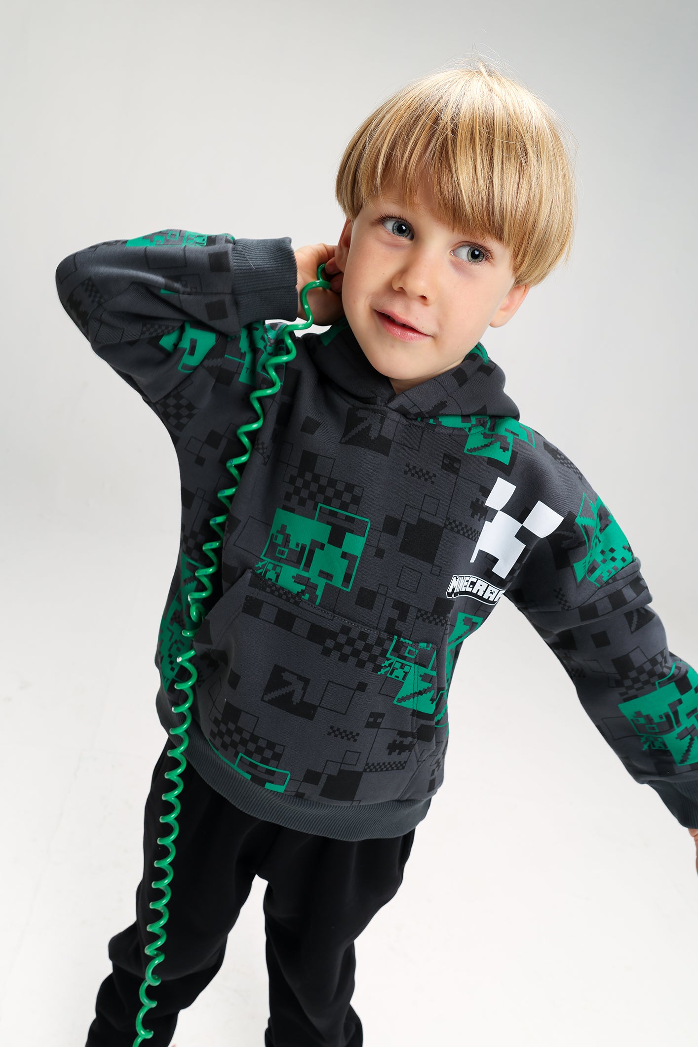 Boys’ Minecraft Melton Cotton Winter Tracksuit – Printed Hoodie & Pants Set (Dark Grey & Green)