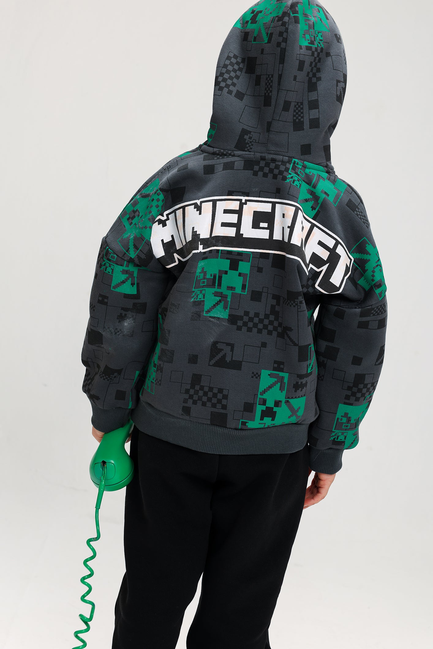 Boys’ Minecraft Melton Cotton Winter Tracksuit – Printed Hoodie & Pants Set (Dark Grey & Green)