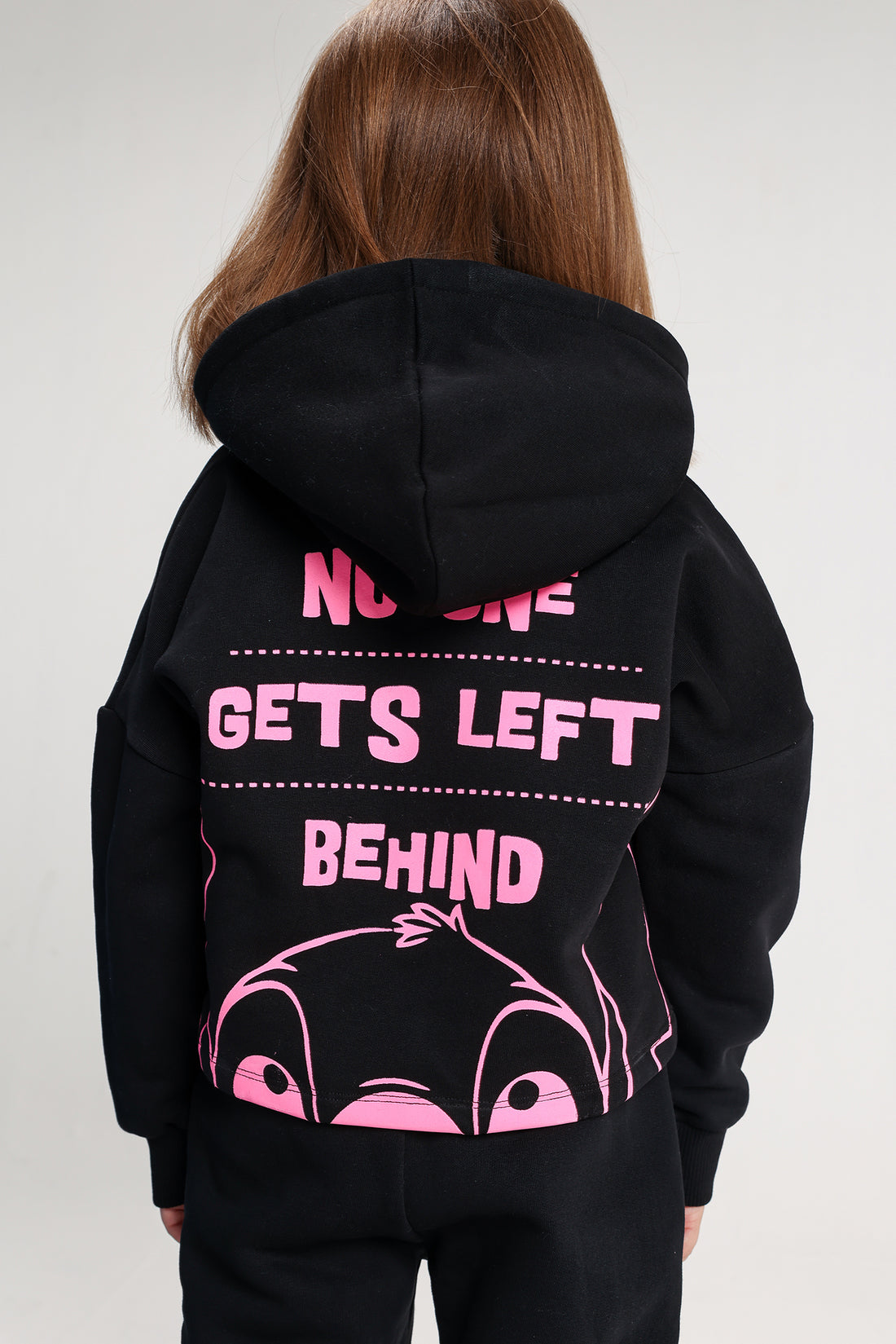 Girls’ Stitch Melton Cotton Winter Tracksuit – 2-Piece Hoodie & Jogger Pants Set (Black with Pink Details)