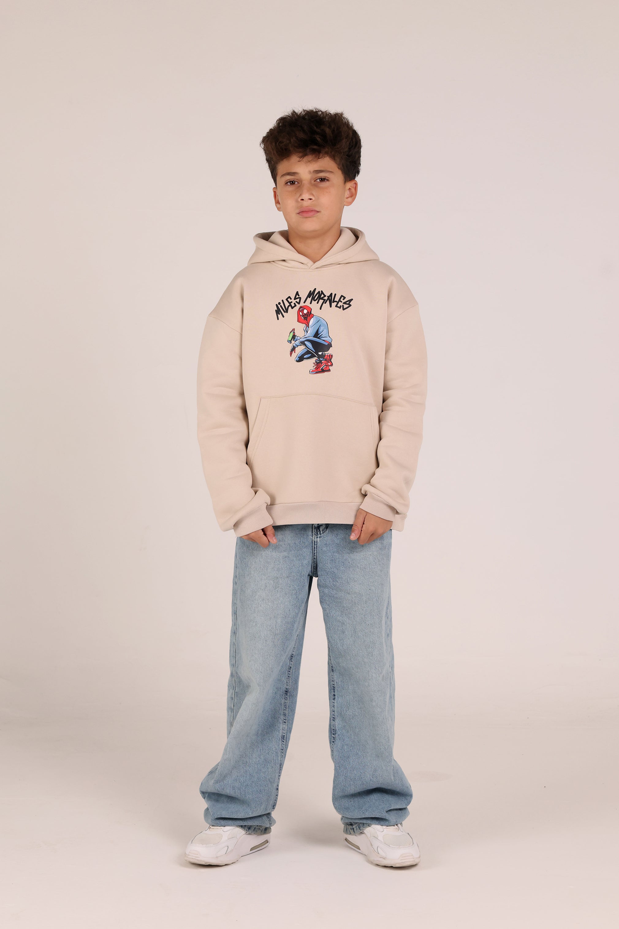 Miles Morales Kids Hoodie – Beige Spider Cartoon Hoodie for Boys