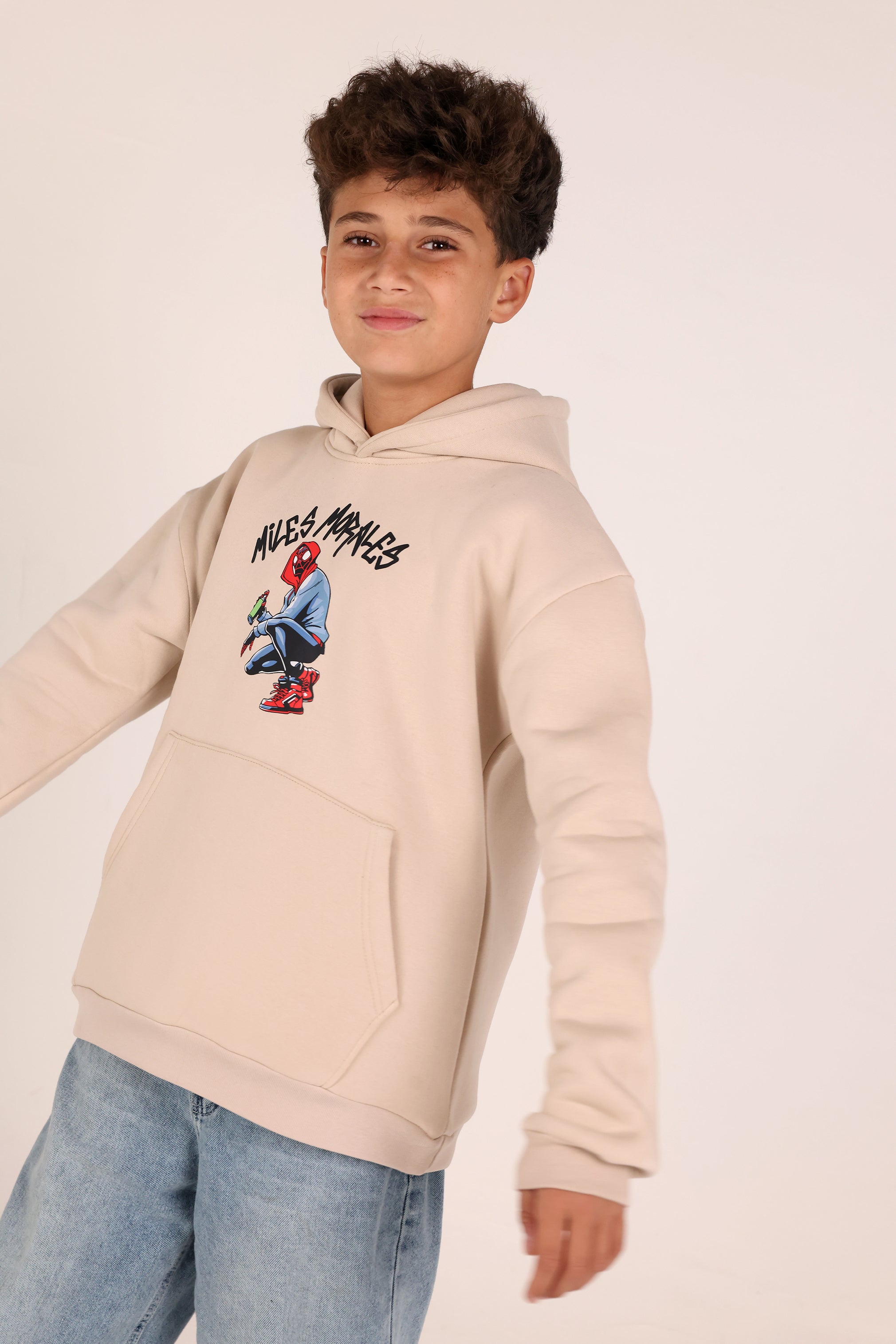Miles Morales Kids Hoodie – Beige Spider Cartoon Hoodie for Boys