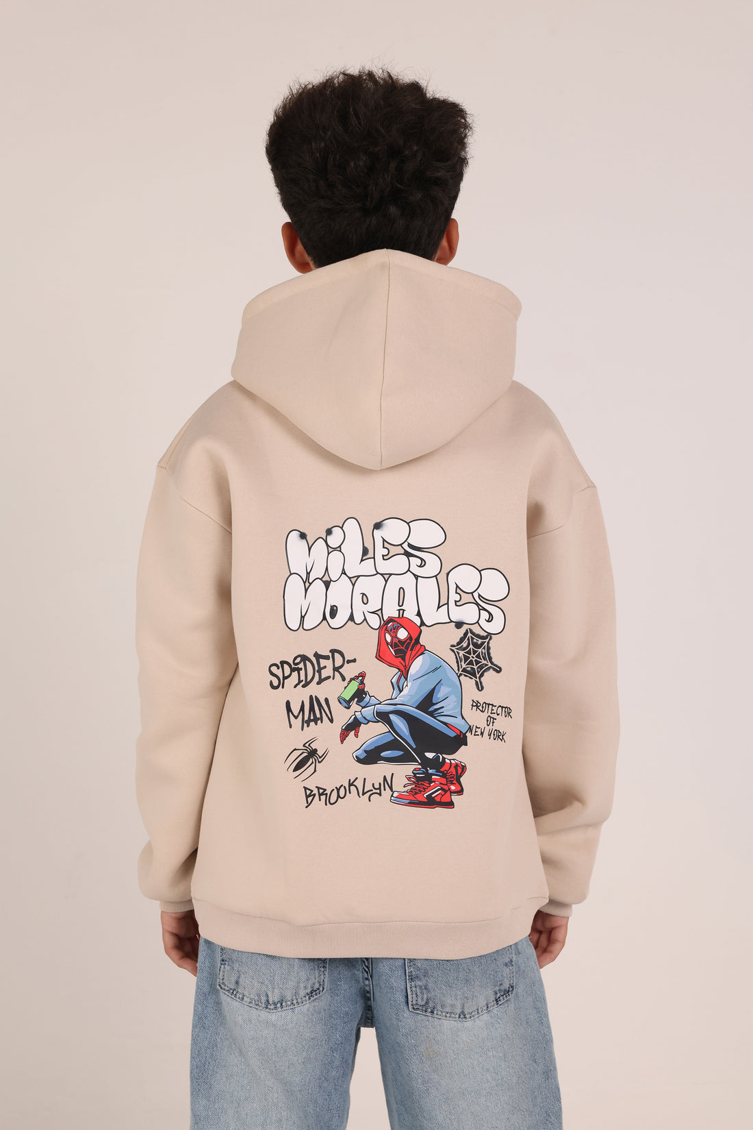 Miles Morales Kids Hoodie – Beige Spider Cartoon Hoodie for Boys