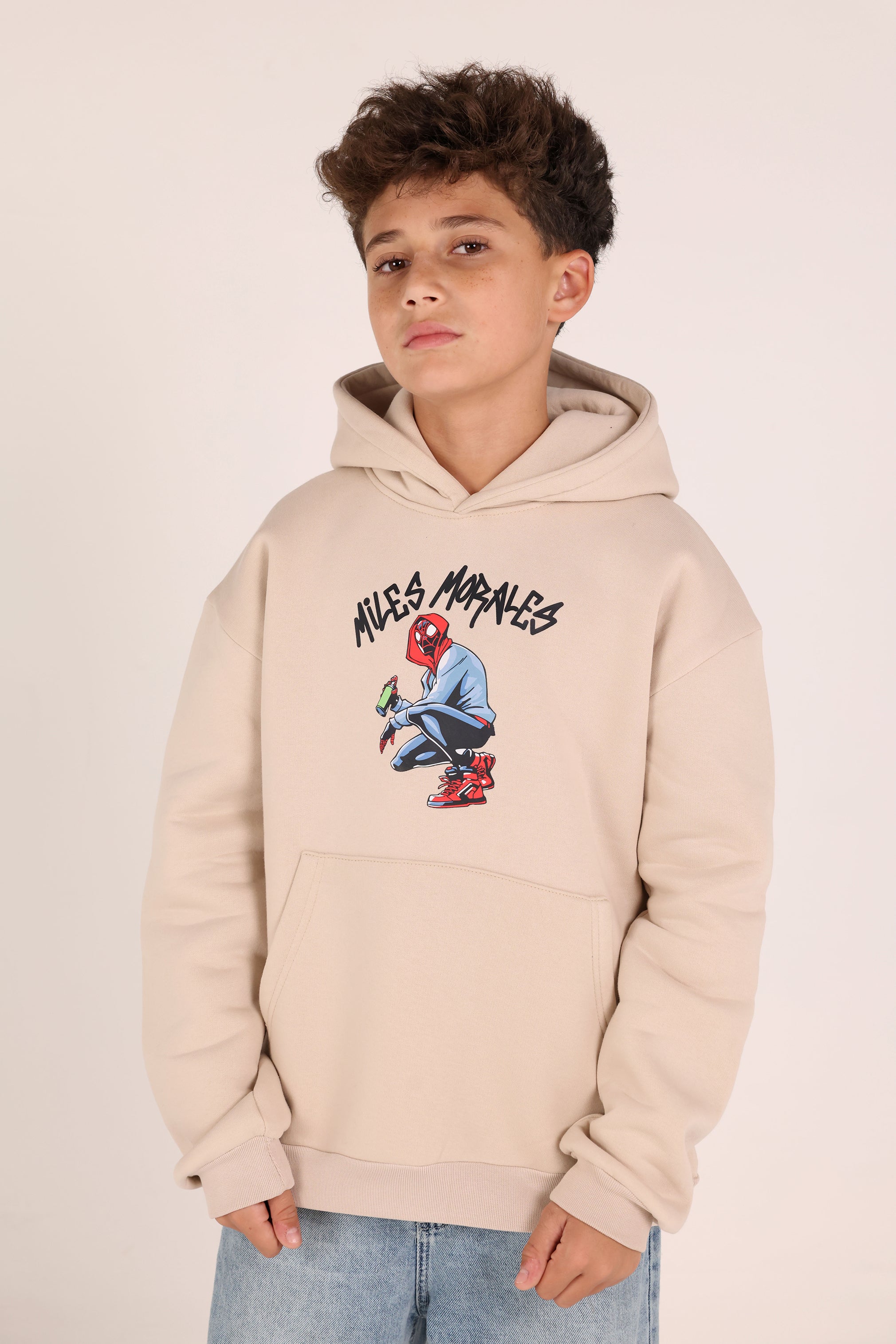 Miles Morales Kids Hoodie – Beige Spider Cartoon Hoodie for Boys