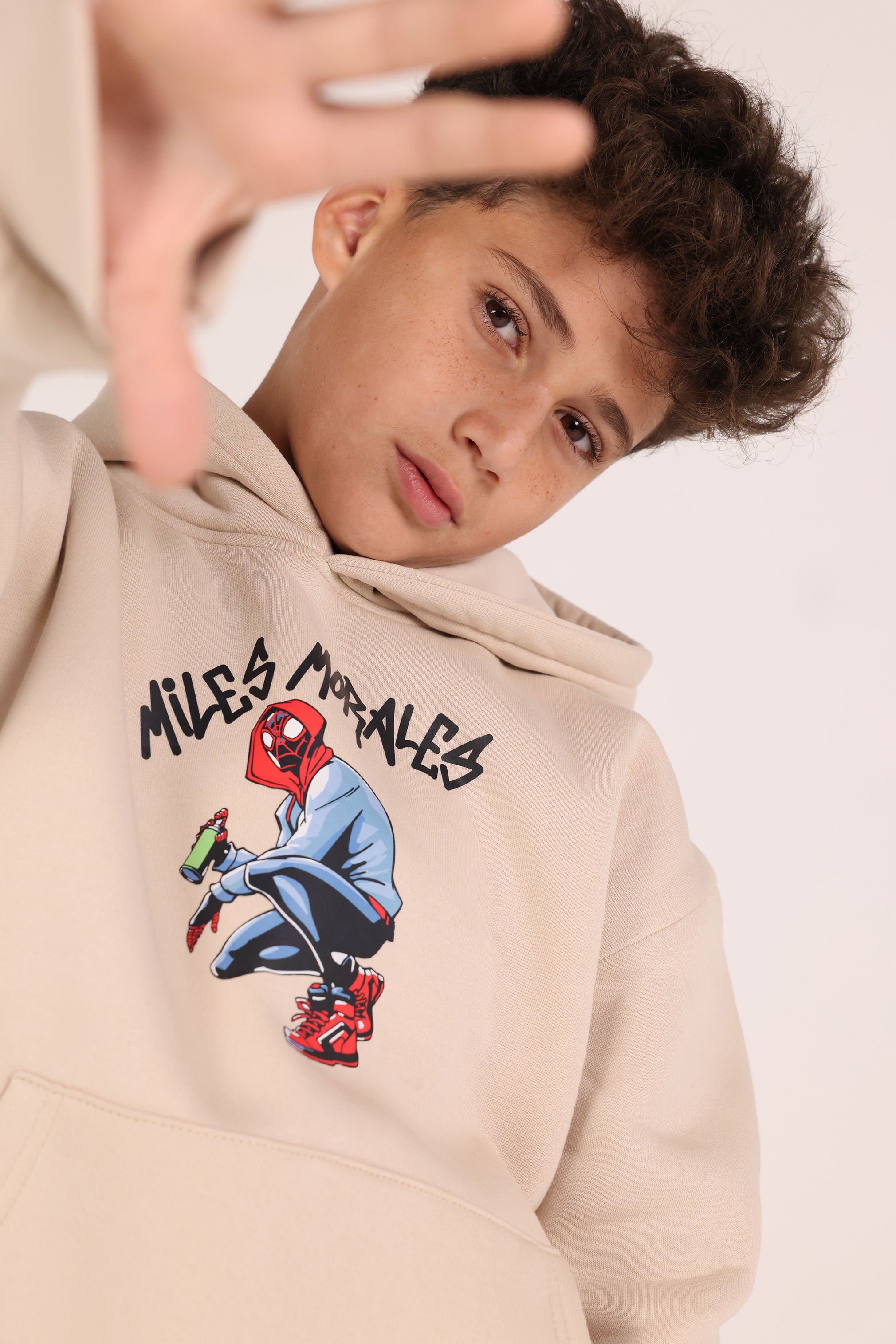 Miles Morales Kids Hoodie – Beige Spider Cartoon Hoodie for Boys