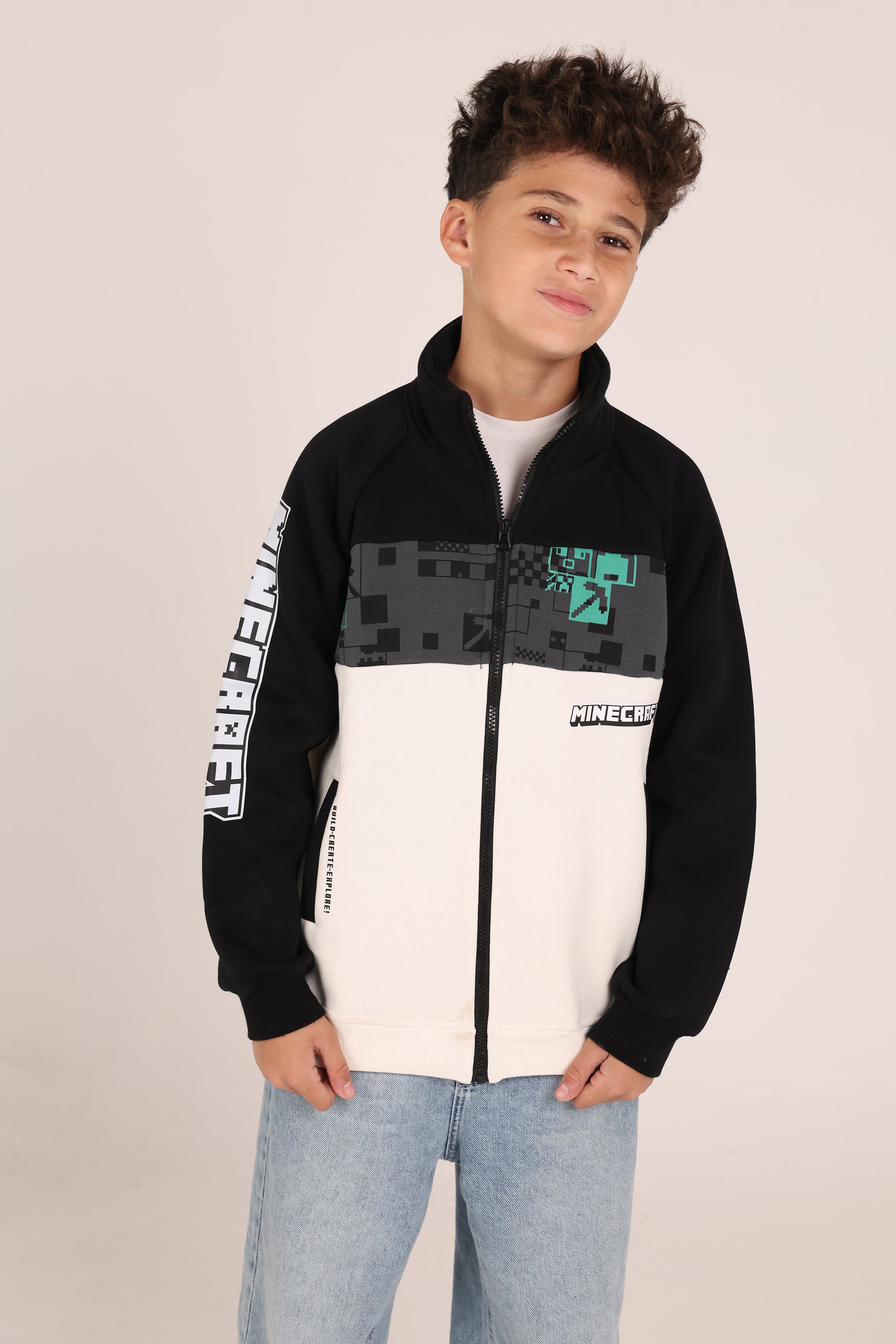 Minecraft Kids Zipper Jacket – Black & Beige Winter Sweatshirt for Boys | Casual Gamer Jacket