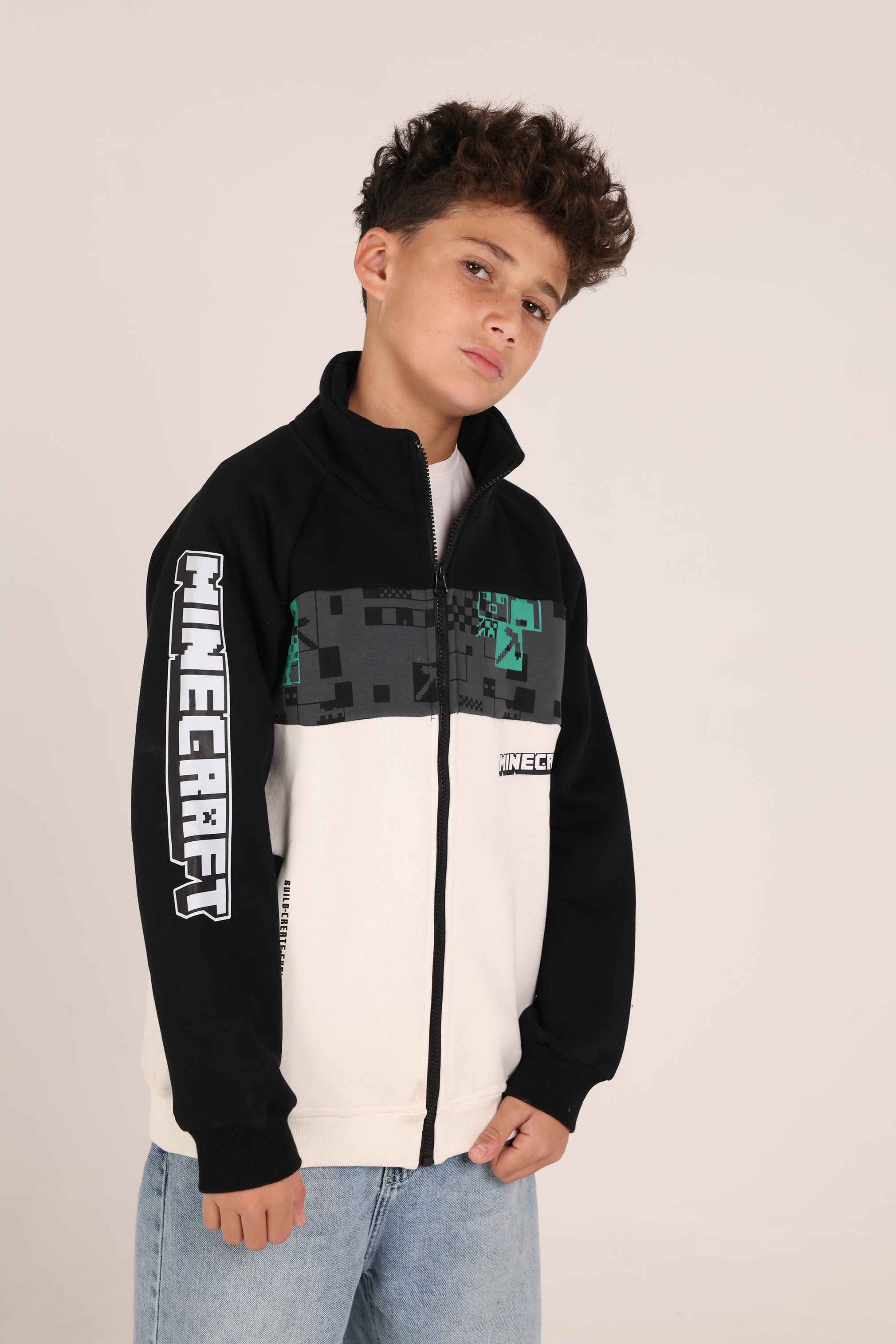 Minecraft Kids Zipper Jacket – Black & Beige Winter Sweatshirt for Boys | Casual Gamer Jacket