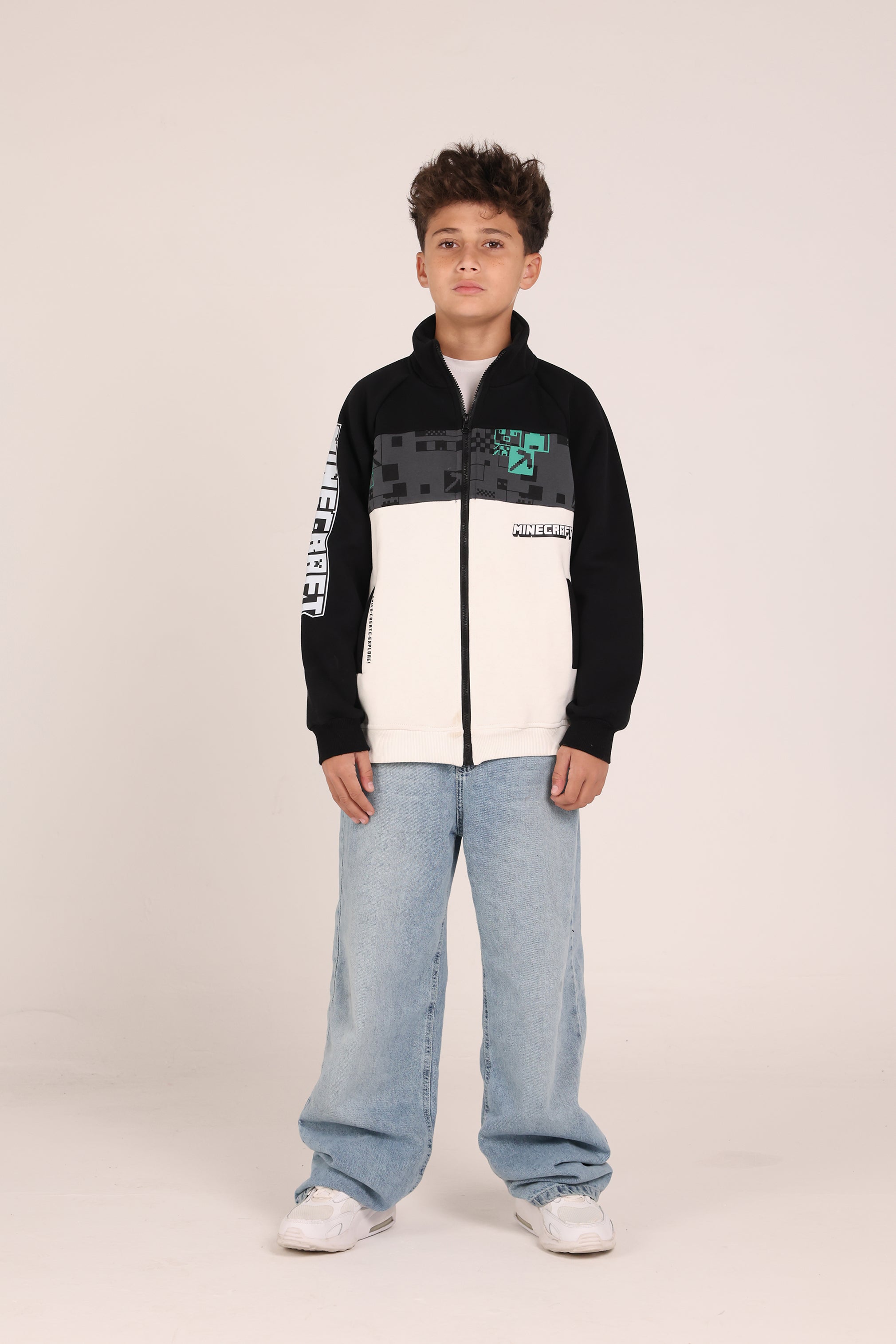 Minecraft Kids Zipper Jacket – Black & Beige Winter Sweatshirt for Boys | Casual Gamer Jacket