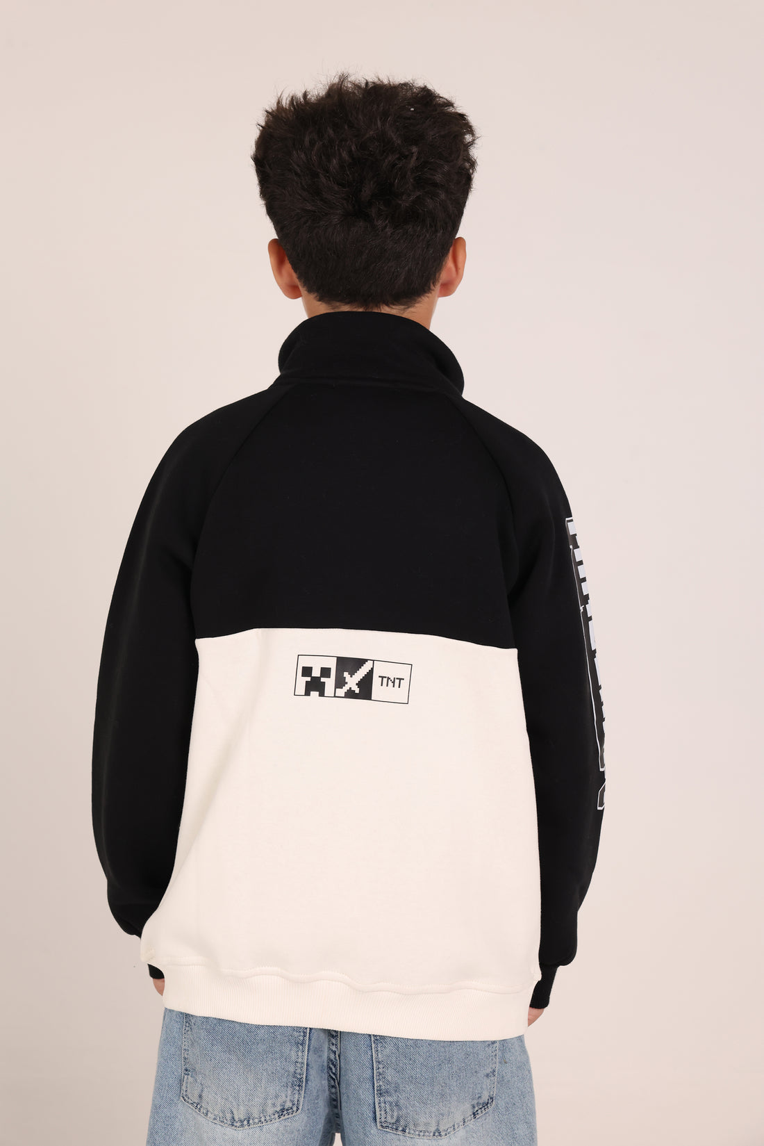 Minecraft Kids Zipper Jacket – Black & Beige Winter Sweatshirt for Boys | Casual Gamer Jacket