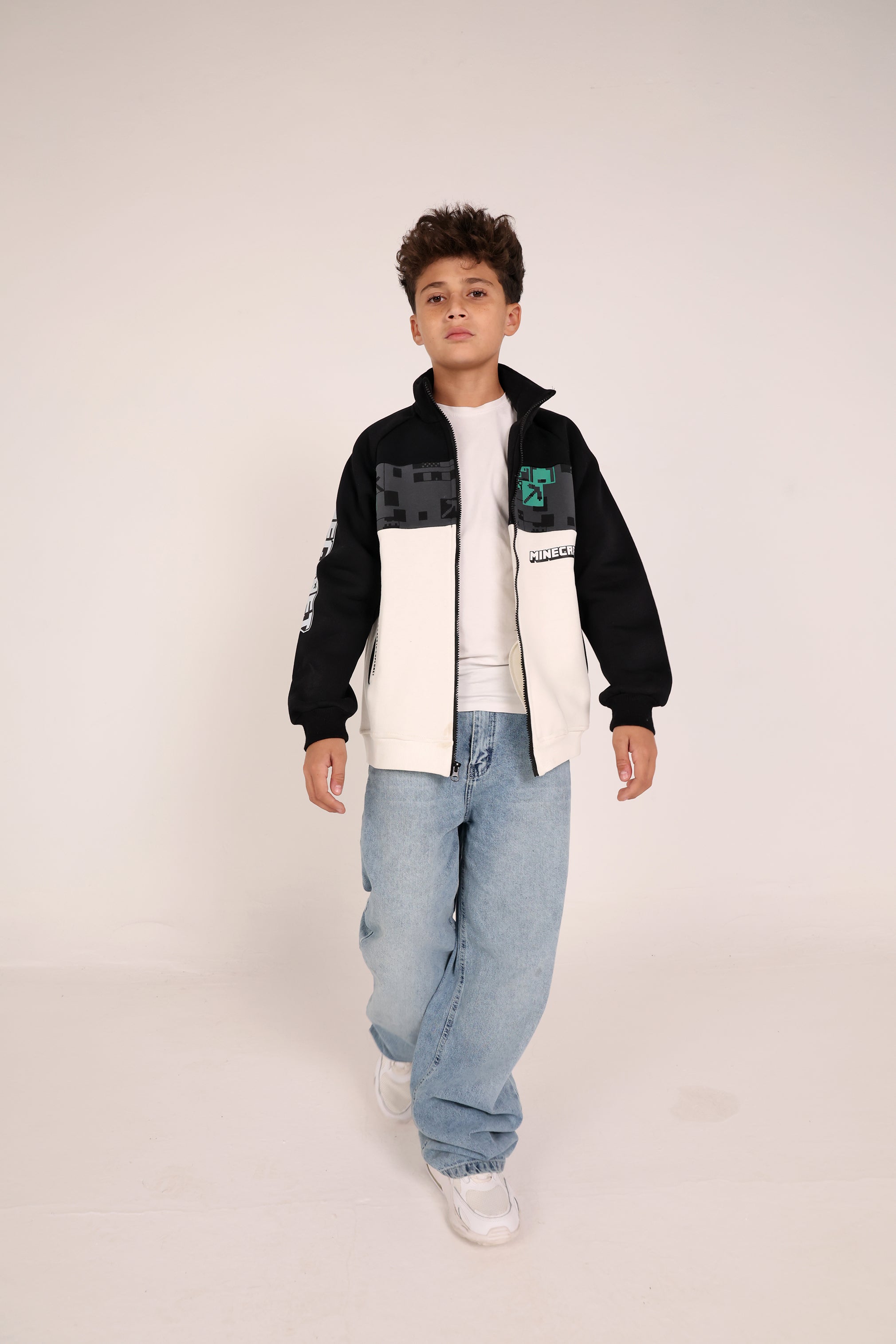 Minecraft Kids Zipper Jacket – Black & Beige Winter Sweatshirt for Boys | Casual Gamer Jacket