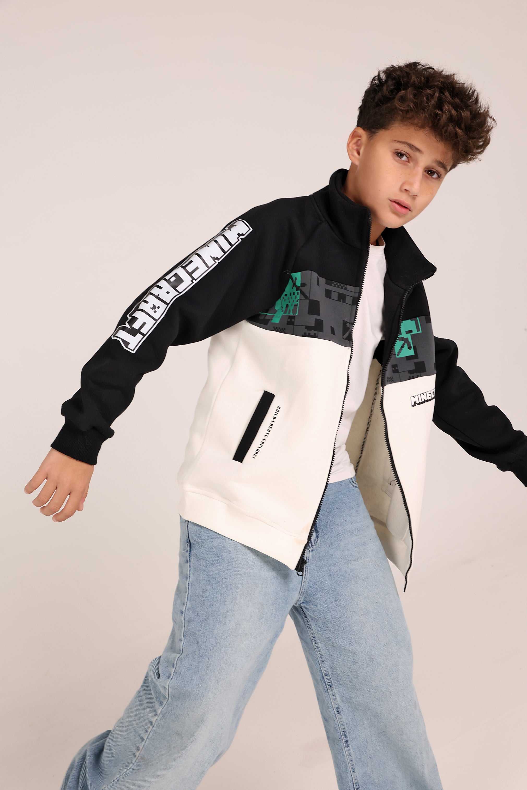 Minecraft Kids Zipper Jacket – Black & Beige Winter Sweatshirt for Boys | Casual Gamer Jacket