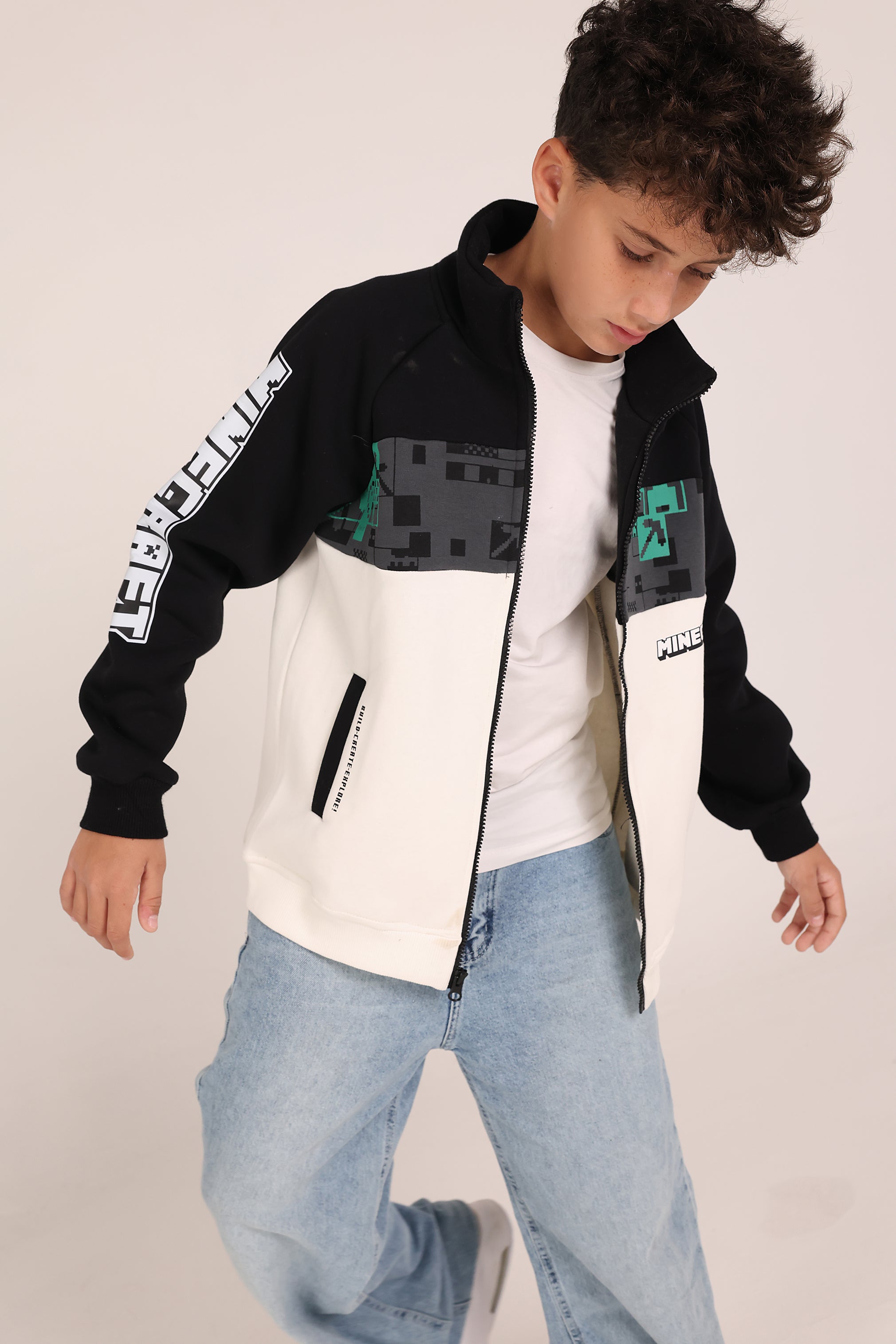 Minecraft Kids Zipper Jacket – Black & Beige Winter Sweatshirt for Boys | Casual Gamer Jacket