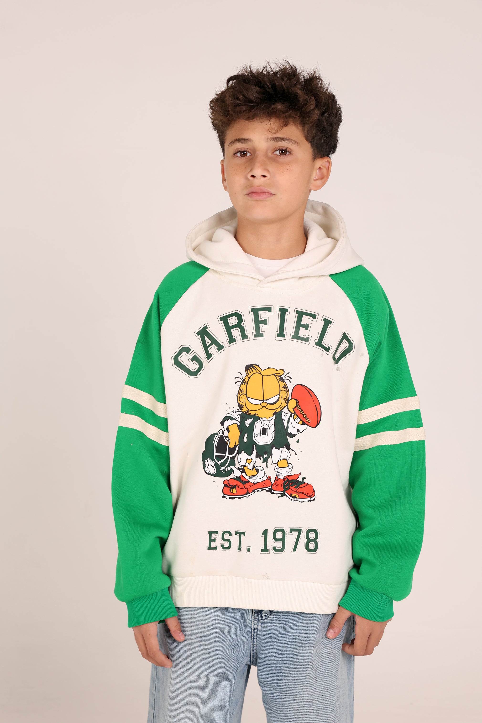 Garfield Kids Hoodie – Green & Cream Cartoon Hoodie for Boys | Casual Winter Sweatshirt