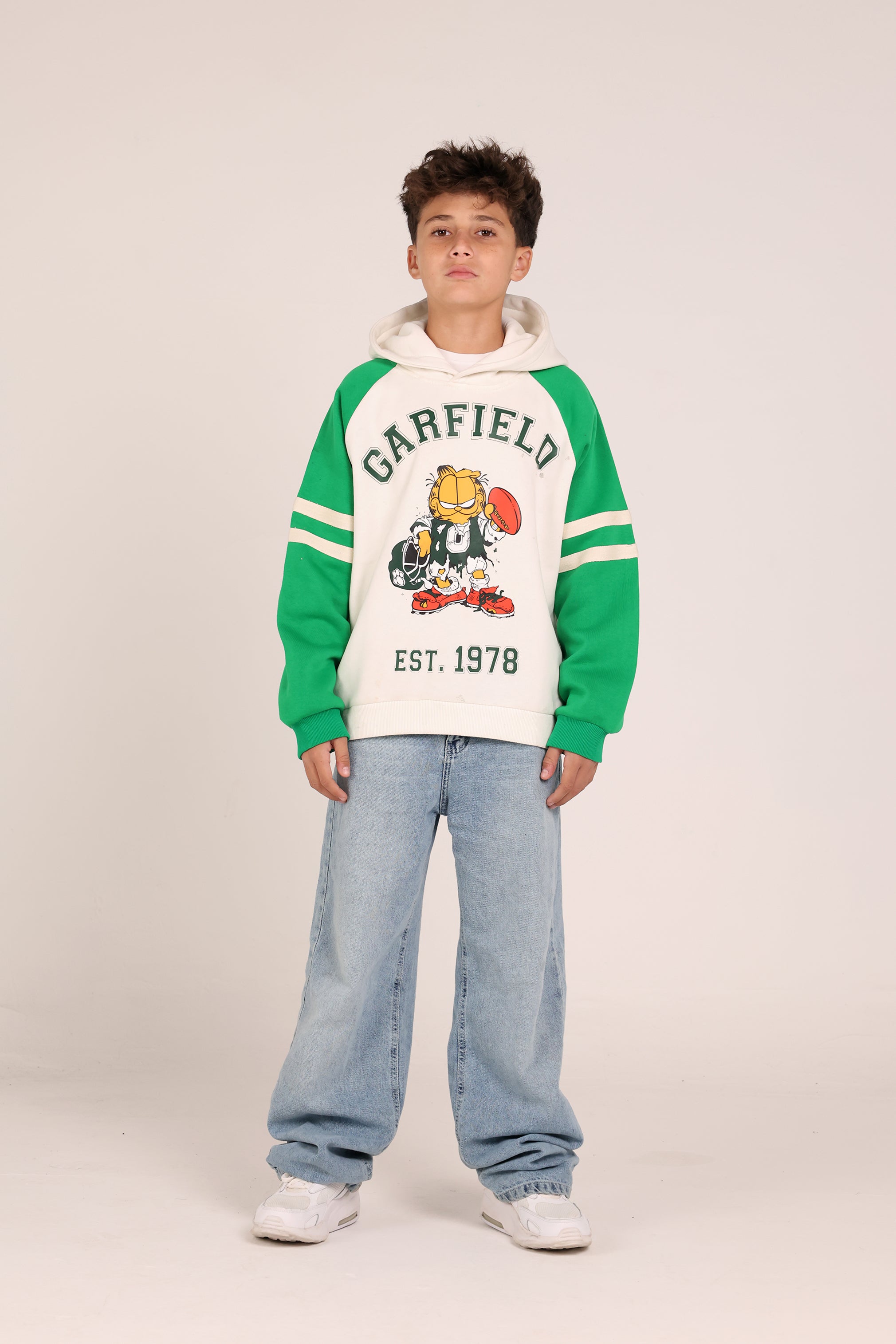 Garfield Kids Hoodie – Green & Cream Cartoon Hoodie for Boys | Casual Winter Sweatshirt