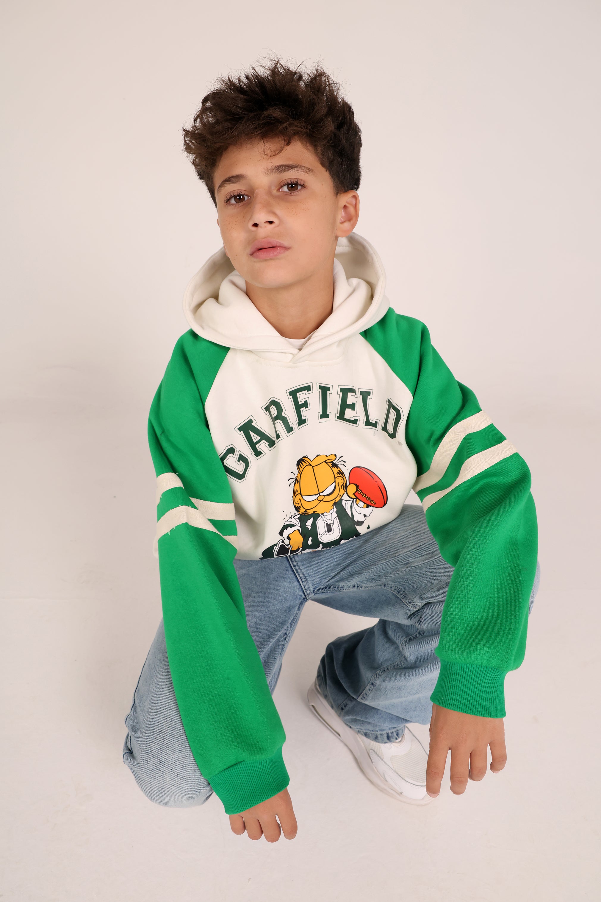 Garfield Kids Hoodie – Green & Cream Cartoon Hoodie for Boys | Casual Winter Sweatshirt