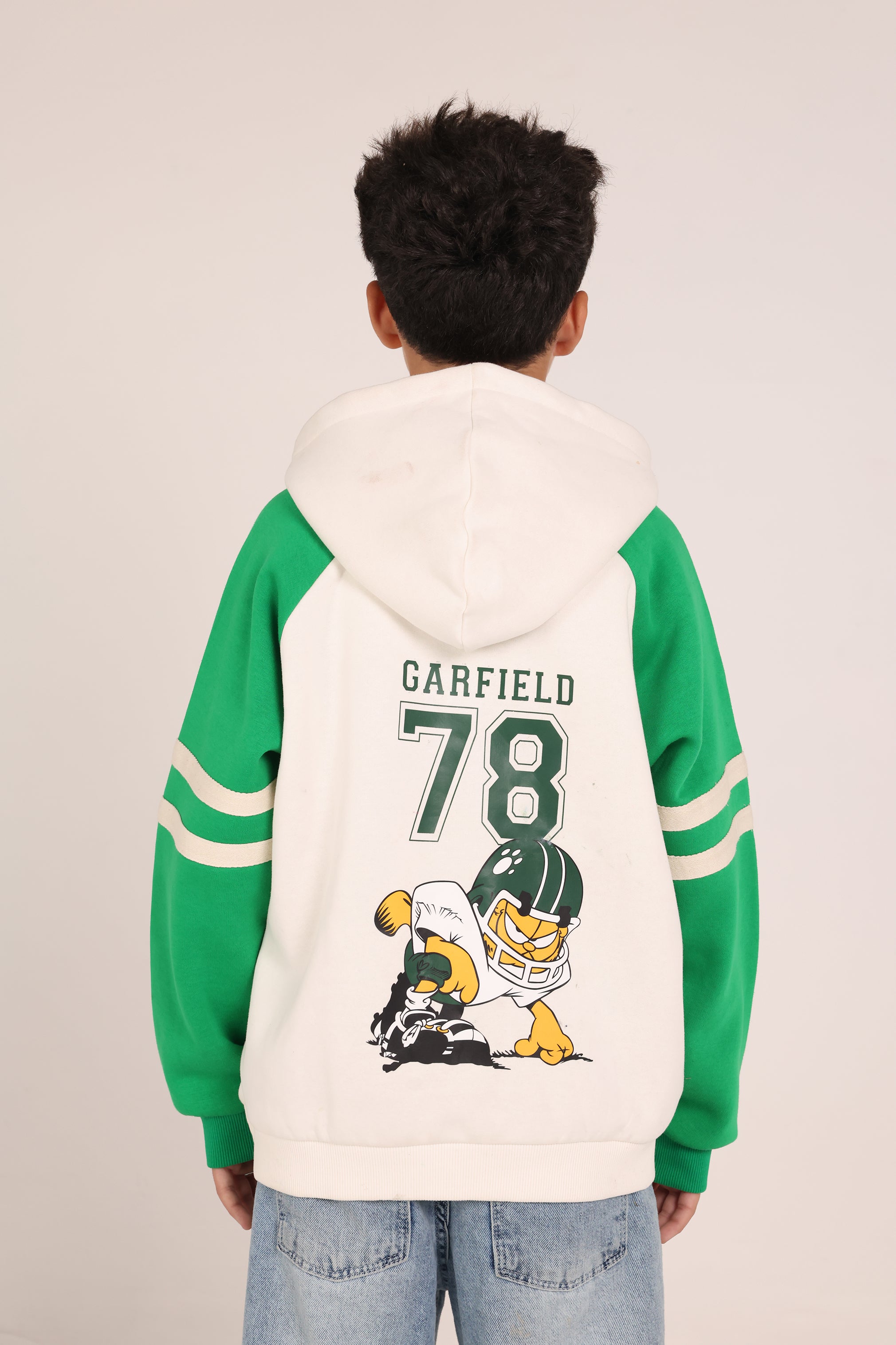 Garfield Kids Hoodie – Green & Cream Cartoon Hoodie for Boys | Casual Winter Sweatshirt