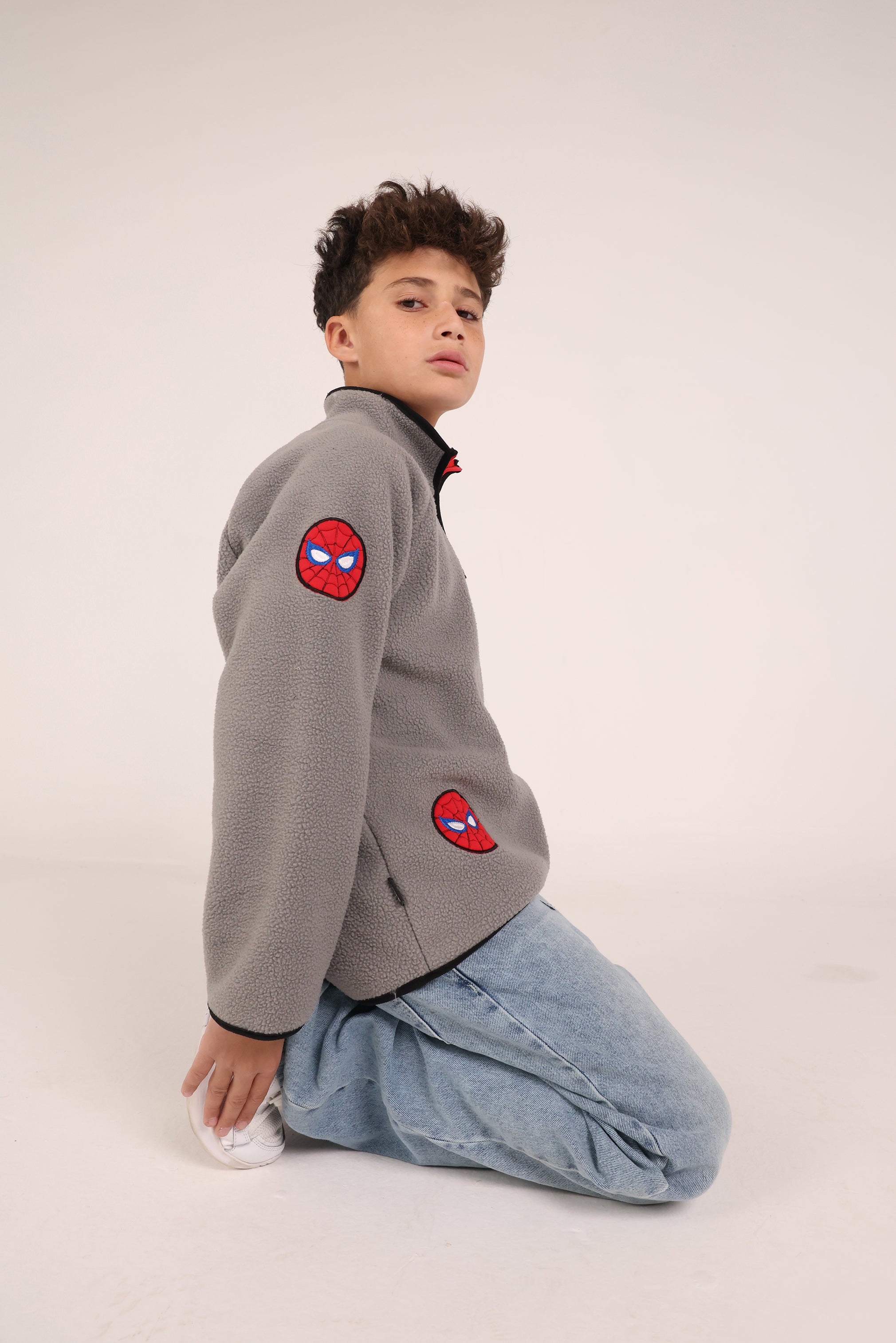 Spider Kids Fleece Sweatshirt – Grey Half Zip Winter Pullover for Boys | Warm Casual Hoodie