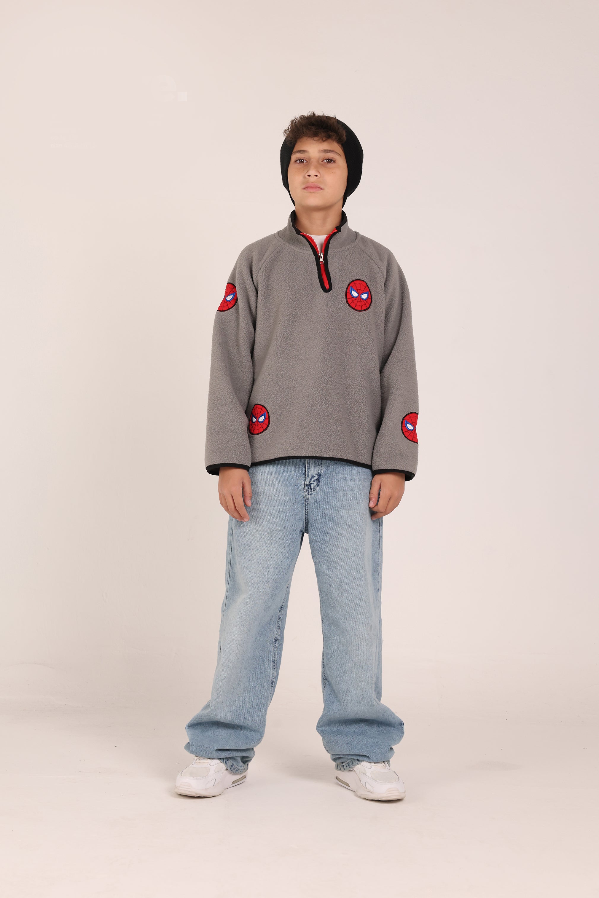 Spider Kids Fleece Sweatshirt – Grey Half Zip Winter Pullover for Boys | Warm Casual Hoodie