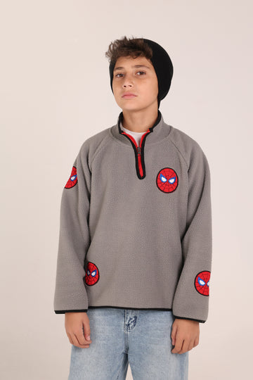 Spider Kids Fleece Sweatshirt – Grey Half Zip Winter Pullover for Boys | Warm Casual Hoodie